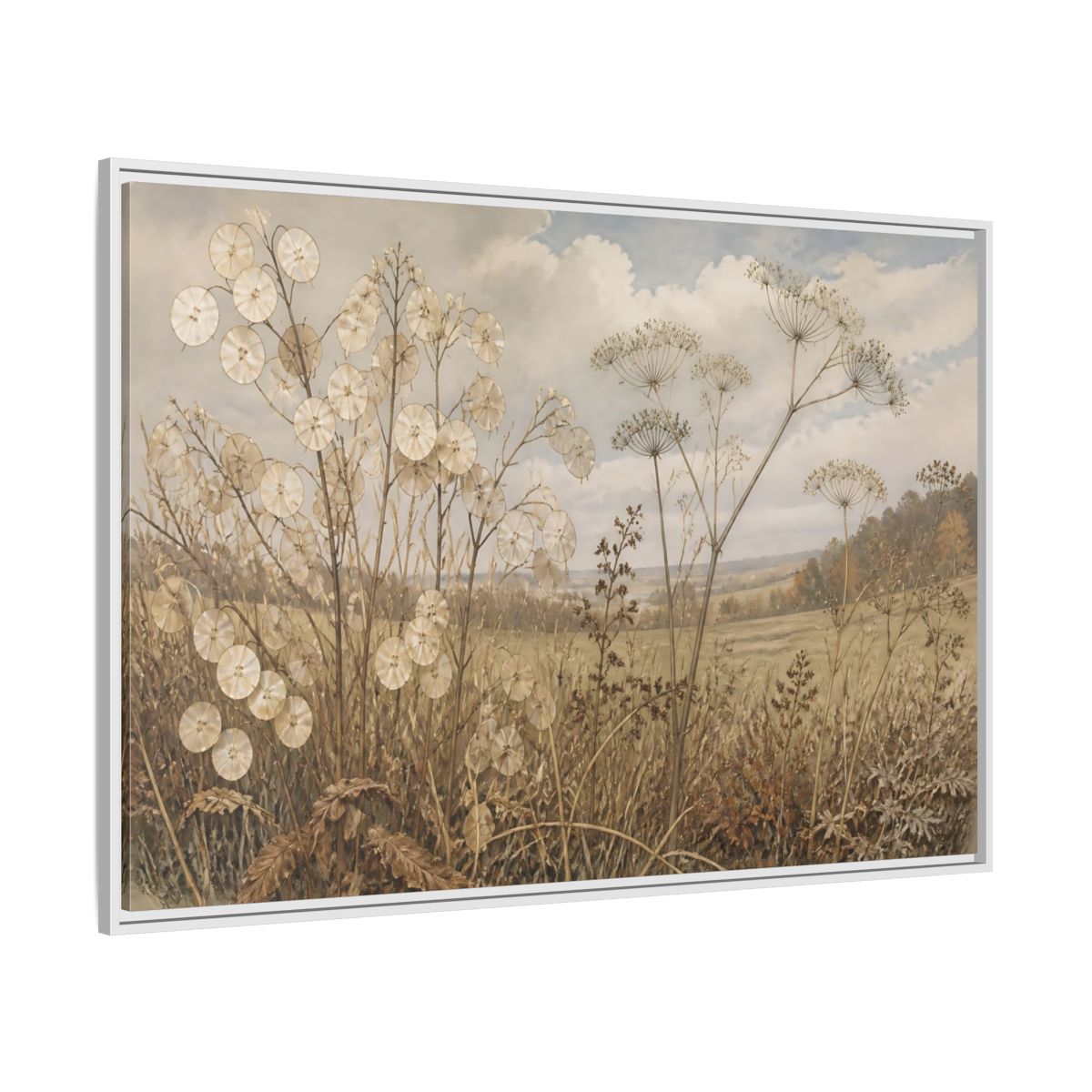 Side Mockup 7. Lunaria In Faded Meadow shown as framed canvas print