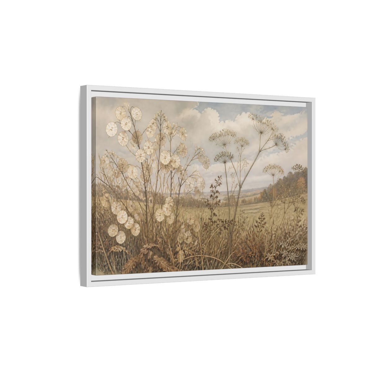Side Mockup 1. Lunaria In Faded Meadow shown as framed canvas print