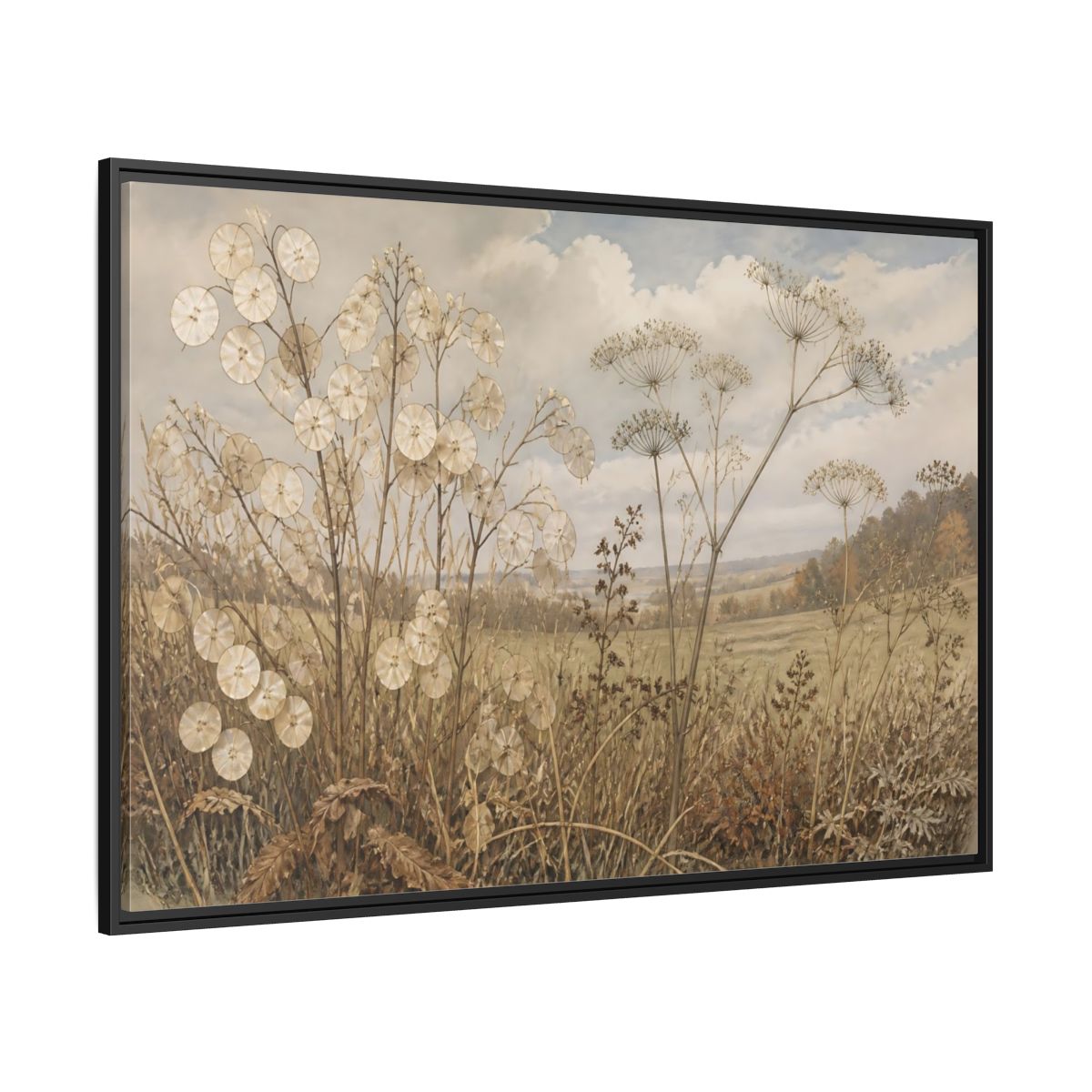 Side Mockup 12. Lunaria In Faded Meadow shown as framed canvas print