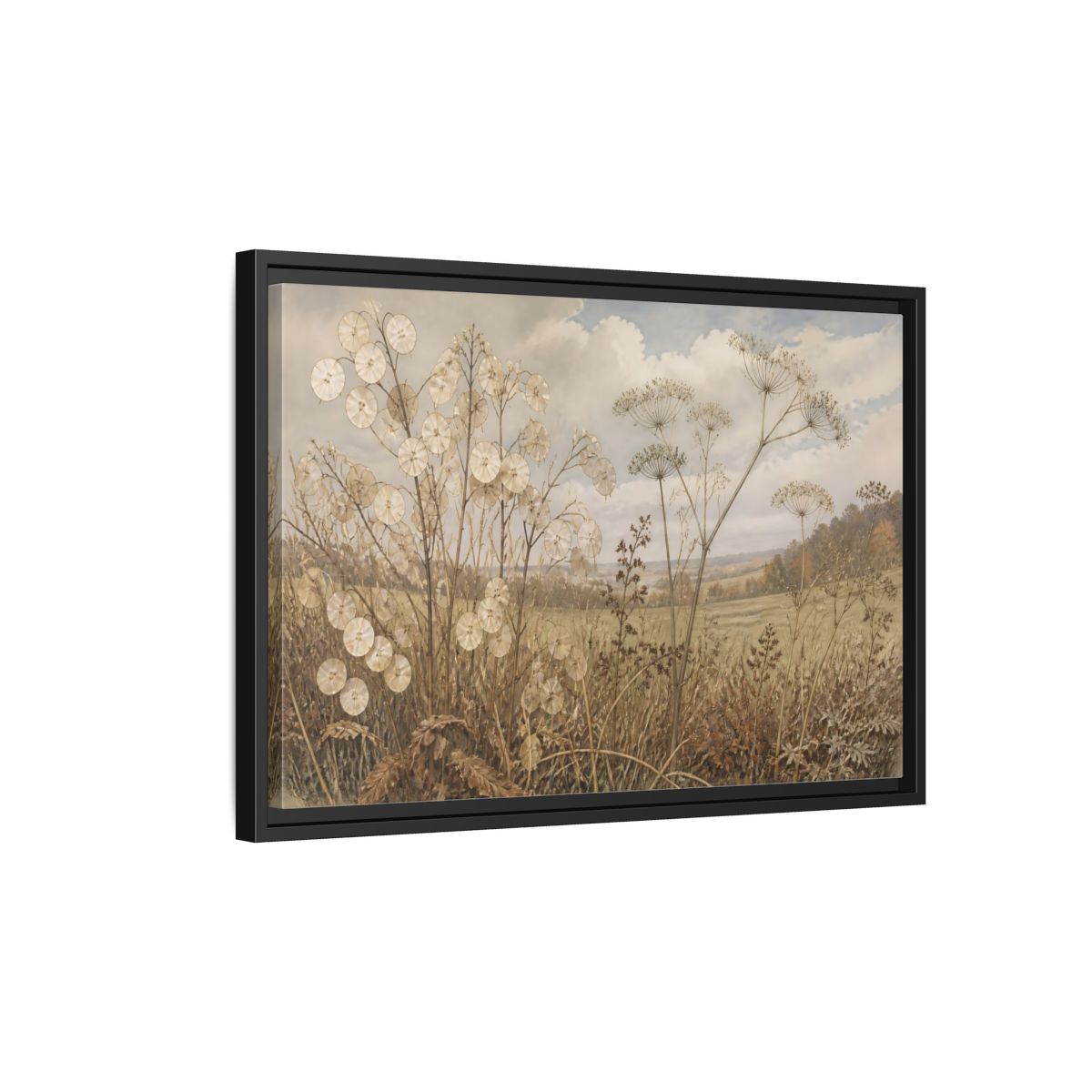 Side Mockup 3. Lunaria In Faded Meadow shown as framed canvas print