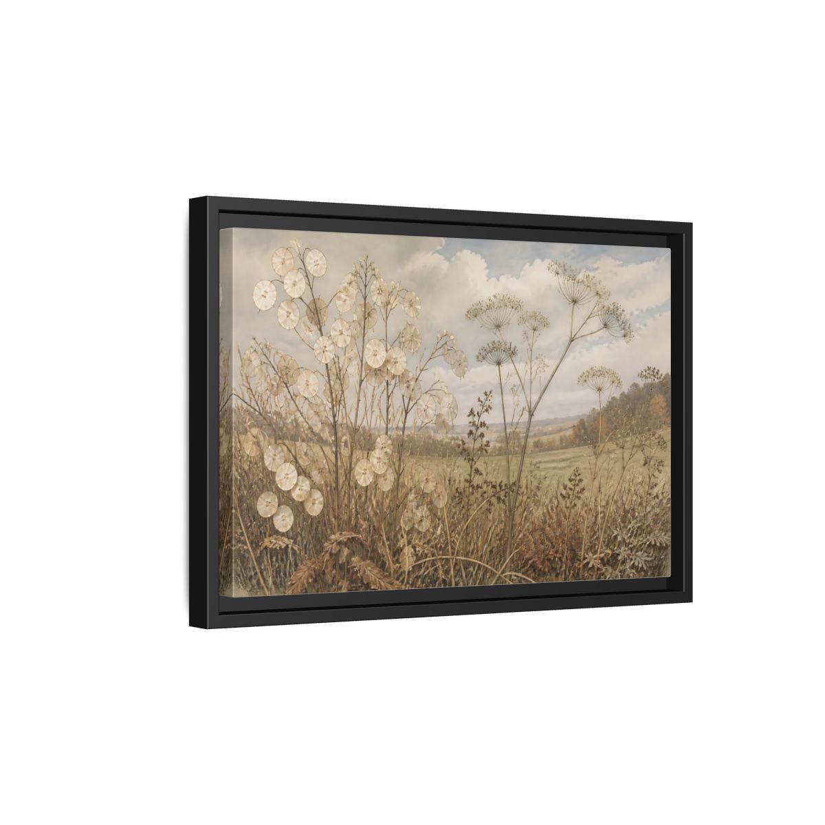 Side Mockup 6. Lunaria In Faded Meadow shown as framed canvas print
