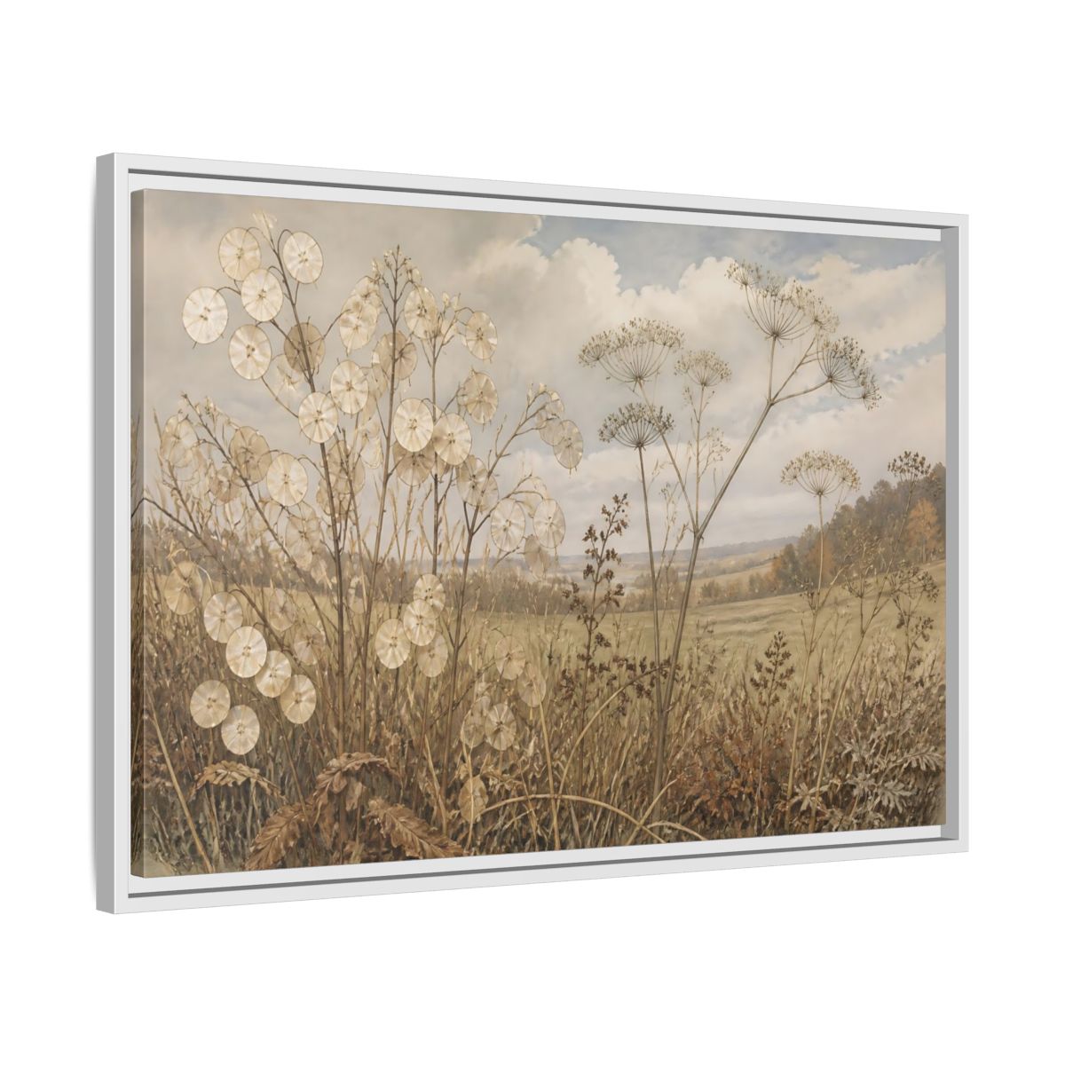 Side Mockup 10. Lunaria In Faded Meadow shown as framed canvas print