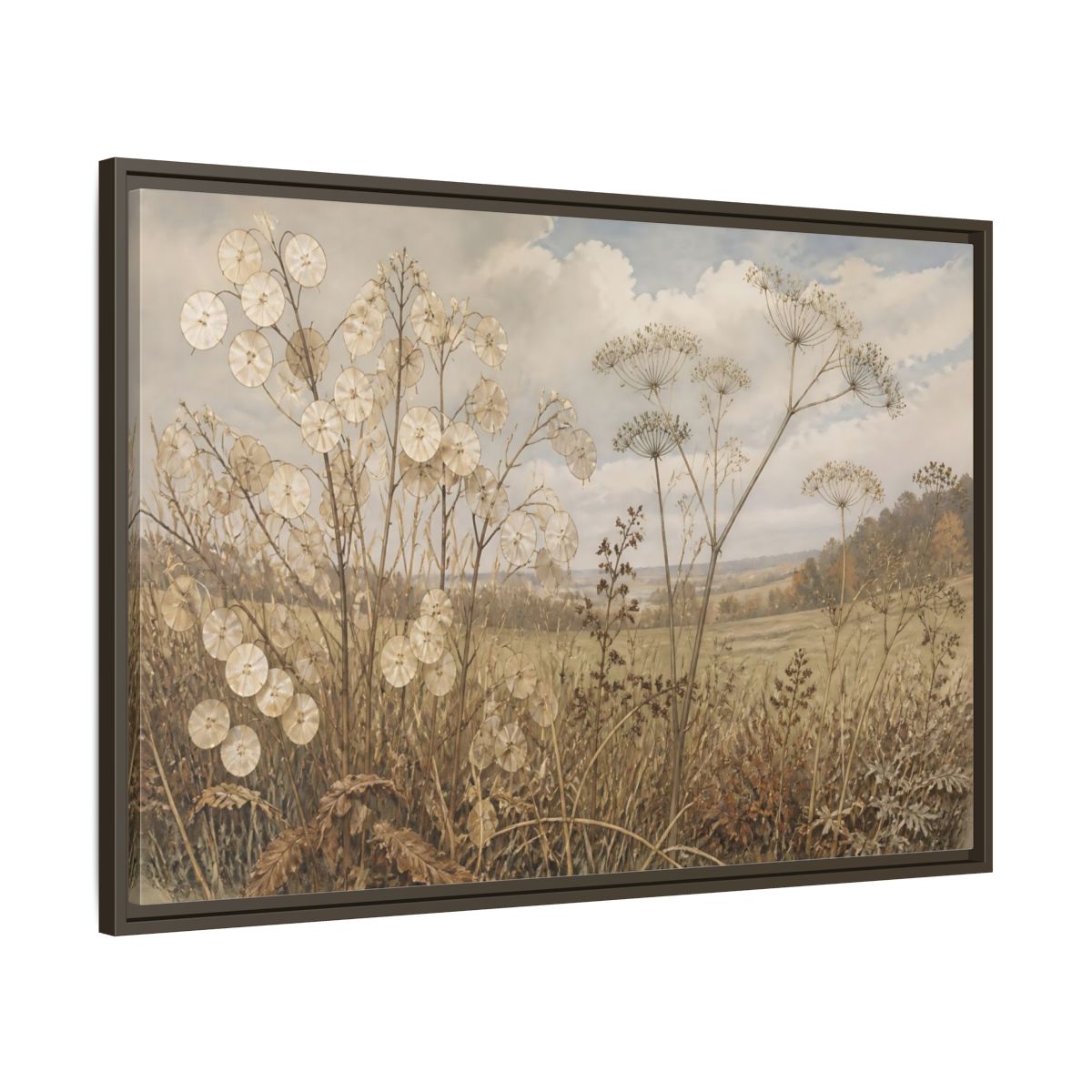 Main Mockup. Lunaria In Faded Meadow shown as framed canvas print