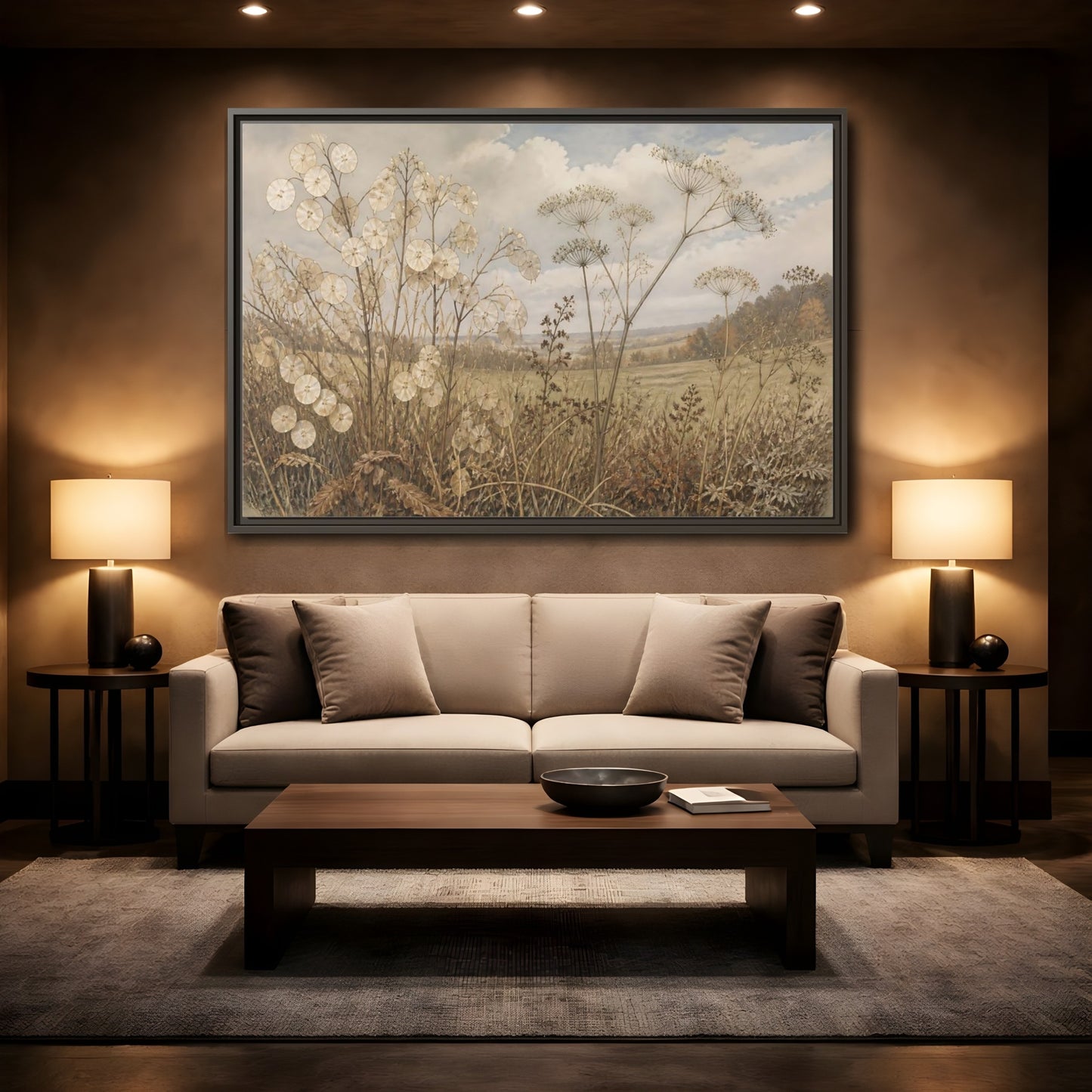 Mockup 2. Lunaria In Faded Meadow shown as framed canvas print