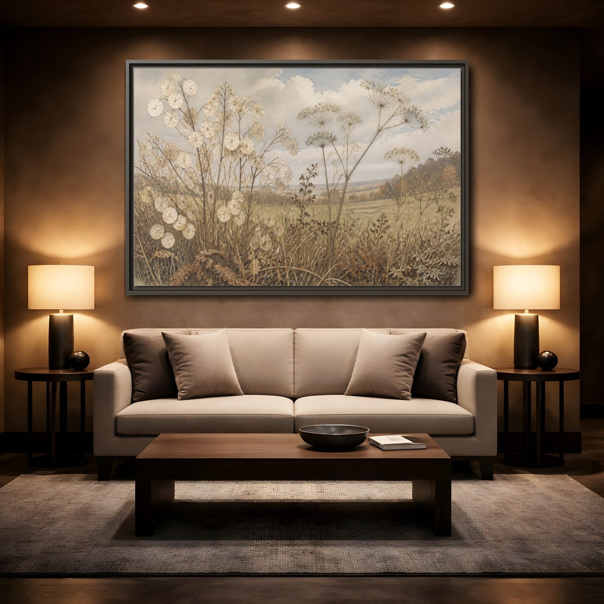 Mockup 2. Lunaria In Faded Meadow shown as framed canvas print