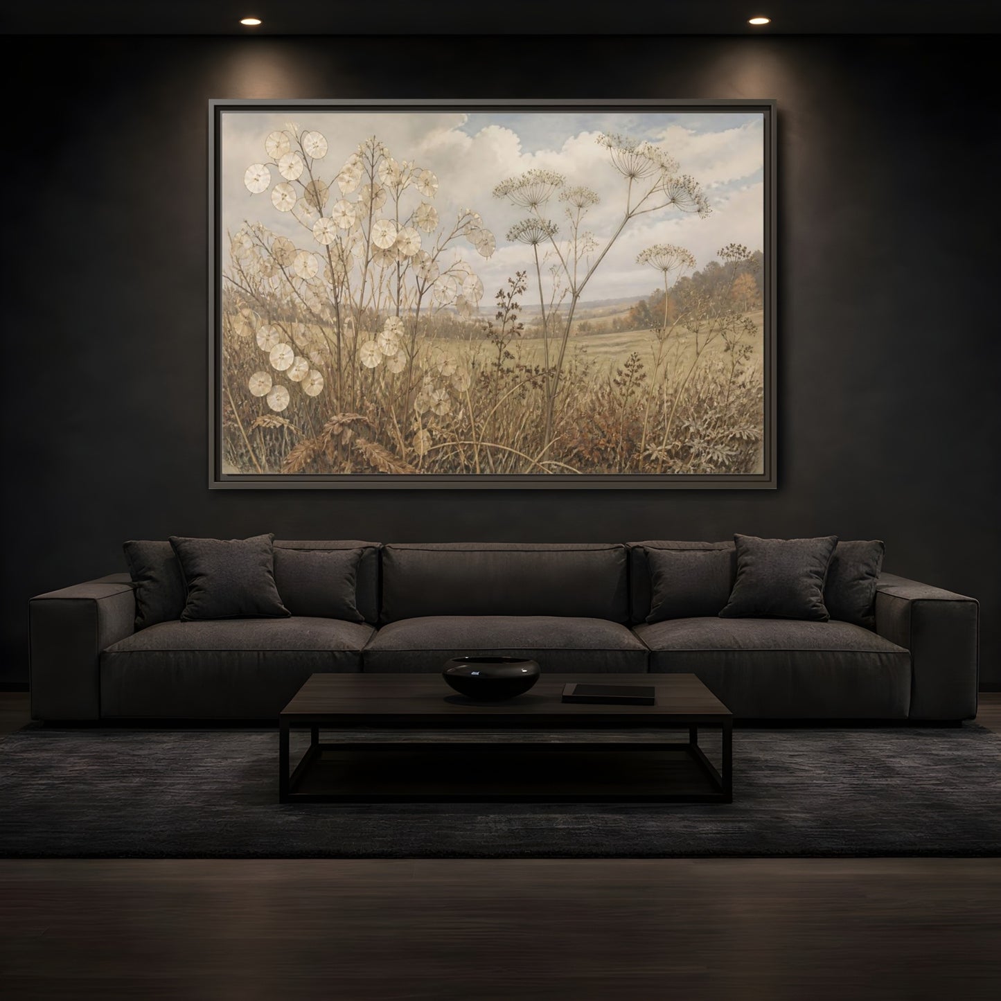 Mockup 3. Lunaria In Faded Meadow shown as framed canvas print