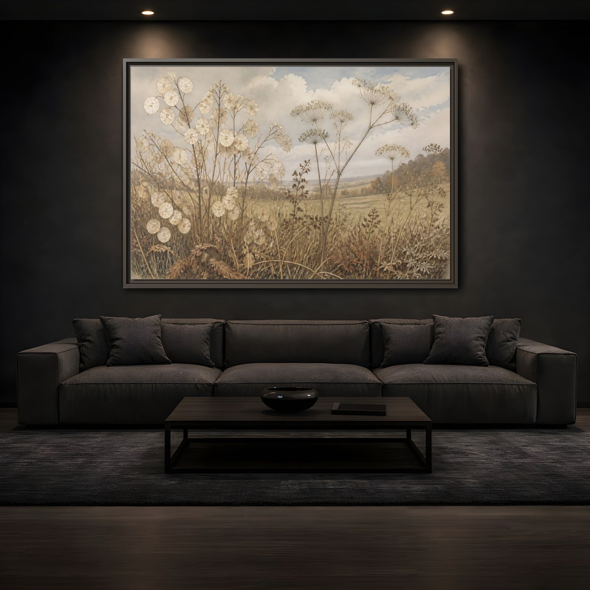 Mockup 3. Lunaria In Faded Meadow shown as framed canvas print