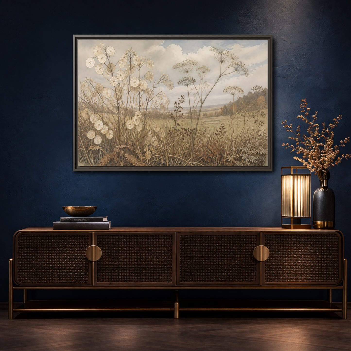 Mockup 4. Lunaria In Faded Meadow shown as framed canvas print