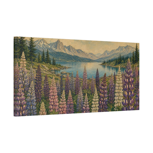 Main Mockup. Lupines By Mountain Lake shown as canvas print