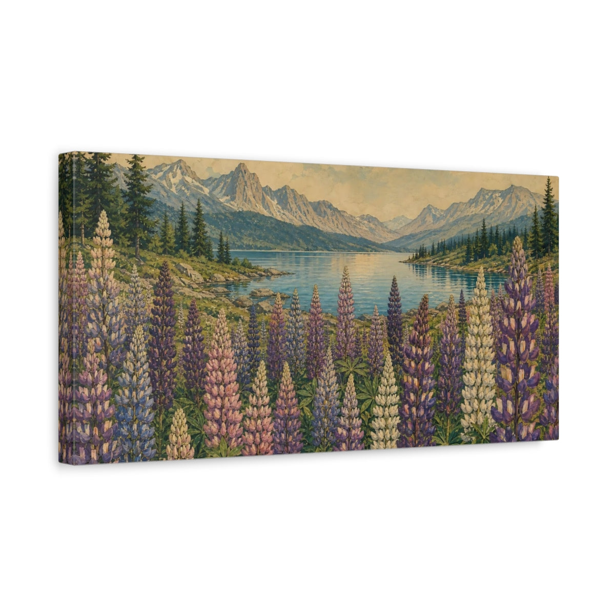 Side Mockup 3. Lupines By Mountain Lake shown as canvas print