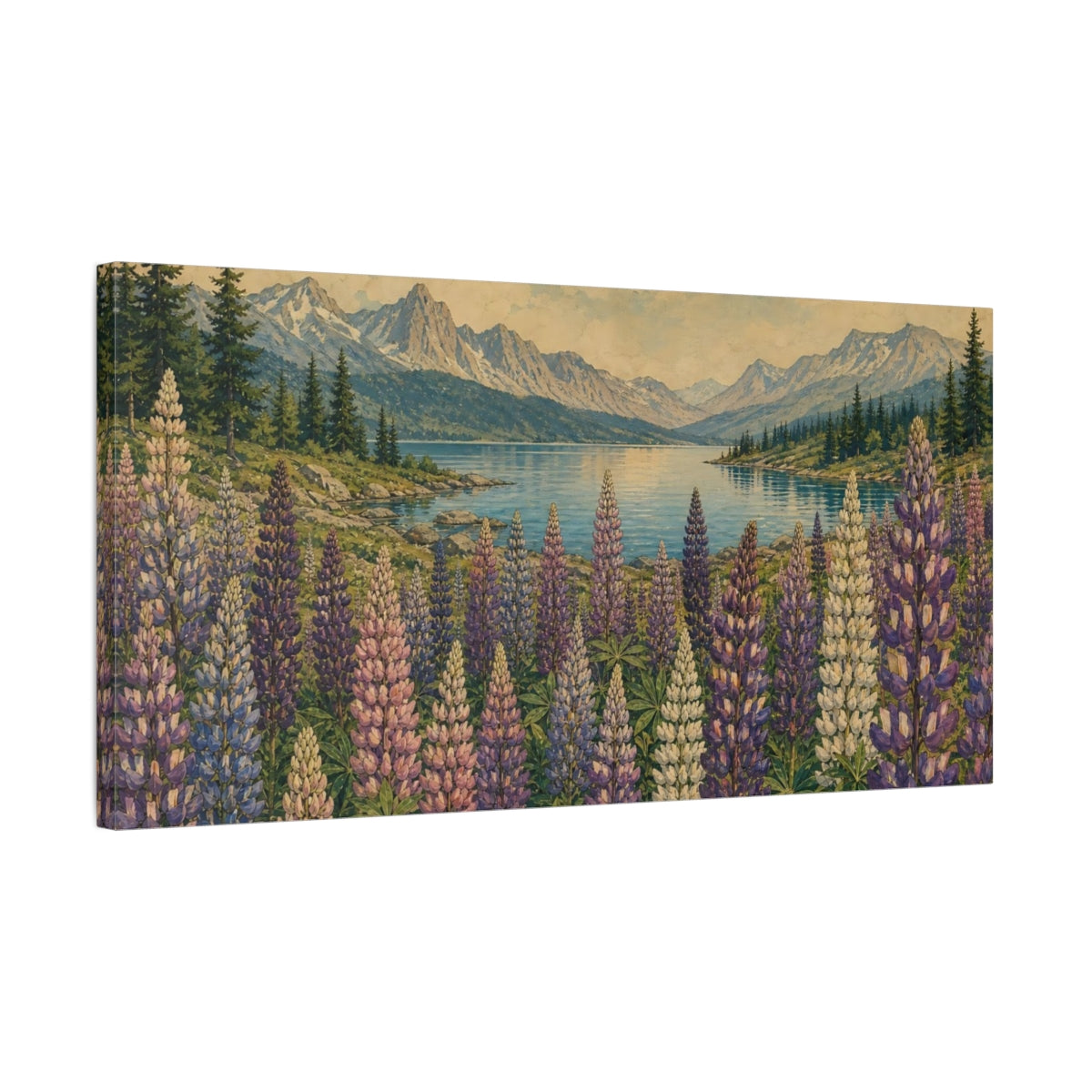 Side Mockup 1. Lupines By Mountain Lake shown as canvas print
