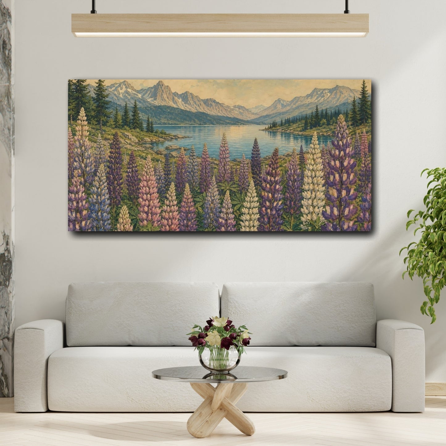 Mockup 2. Lupines By Mountain Lake shown as canvas print