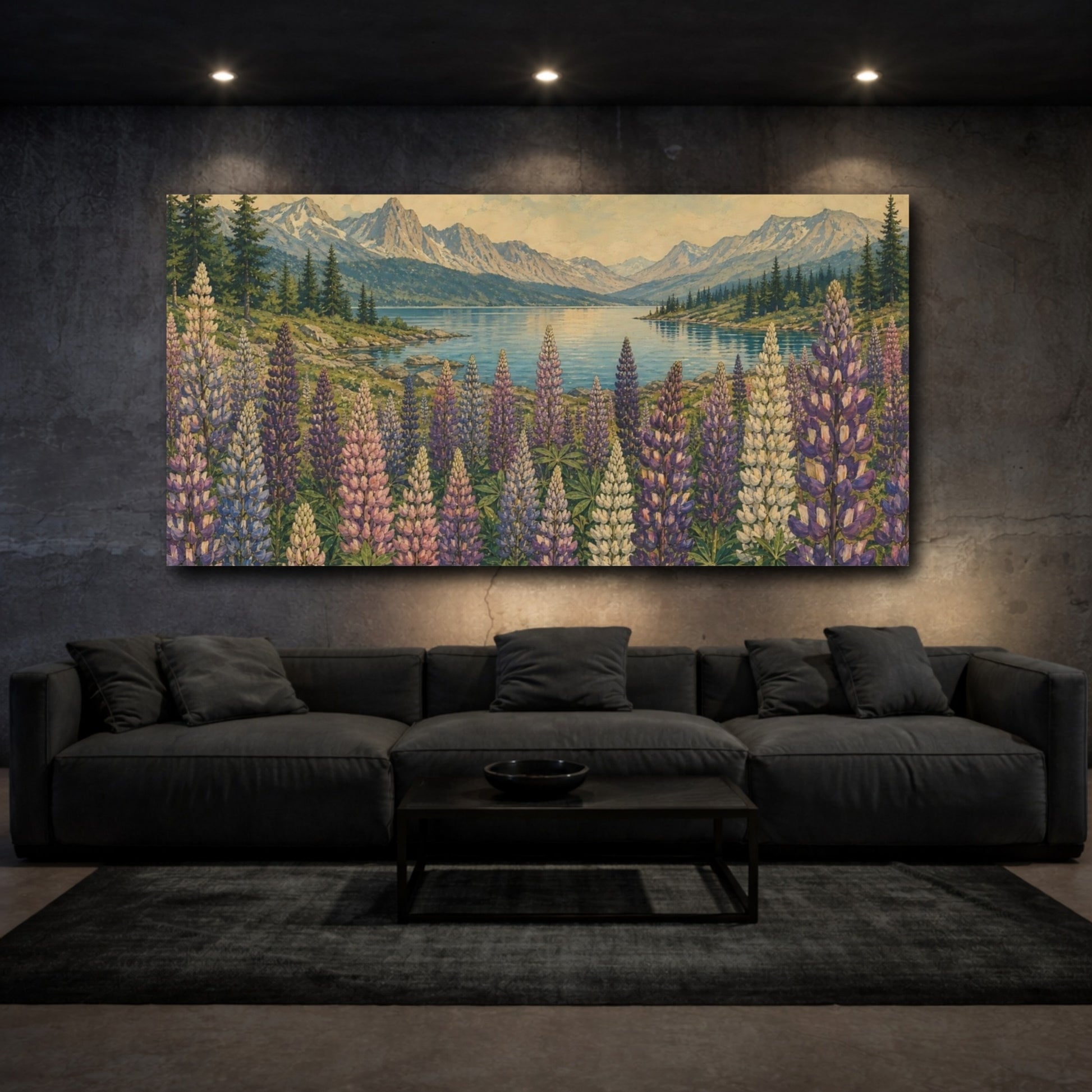 Mockup 3. Lupines By Mountain Lake shown as canvas print