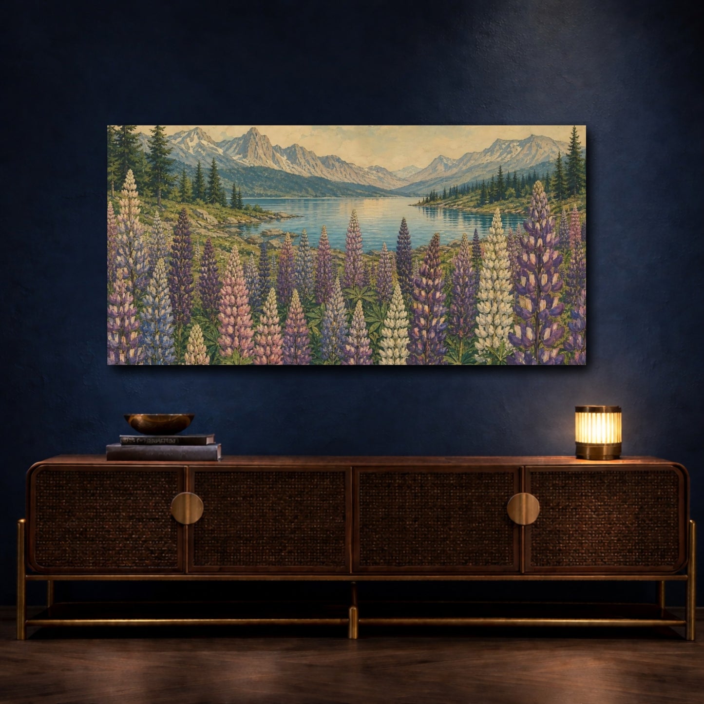 Mockup 4. Lupines By Mountain Lake shown as canvas print