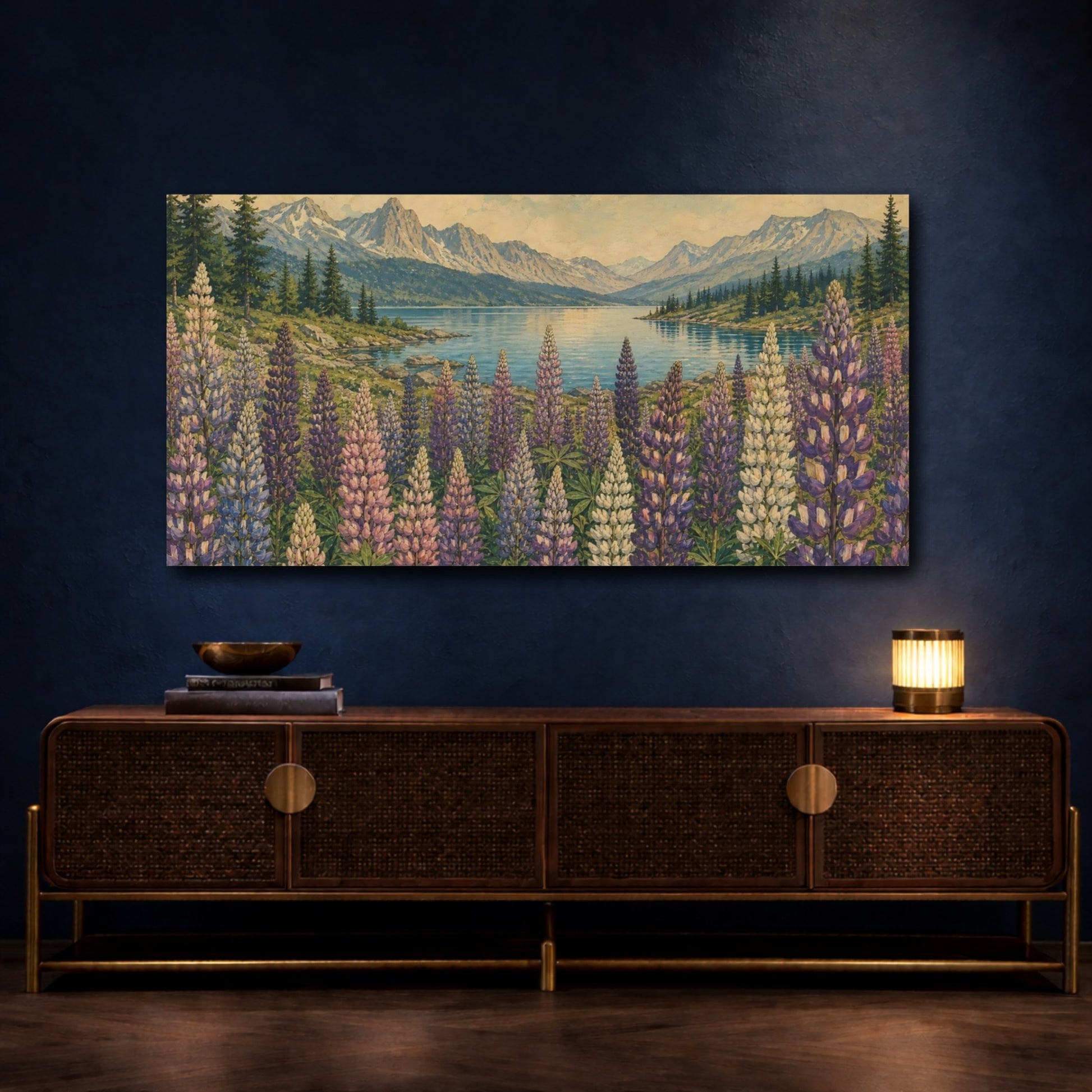 Mockup 4. Lupines By Mountain Lake shown as canvas print