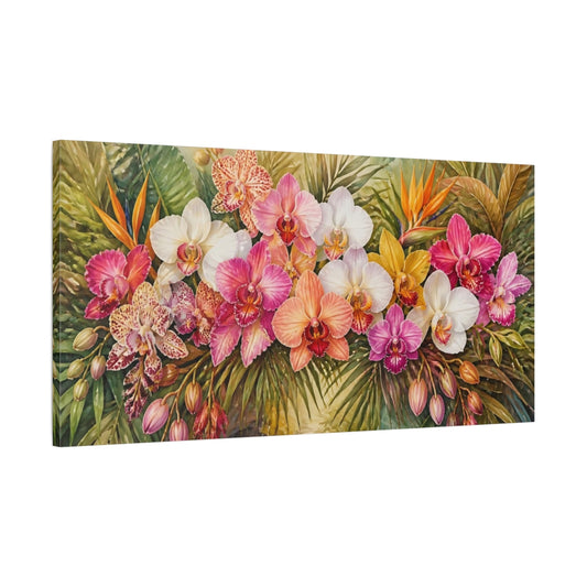 Main Mockup. Lush Tropical Orchids shown as canvas print