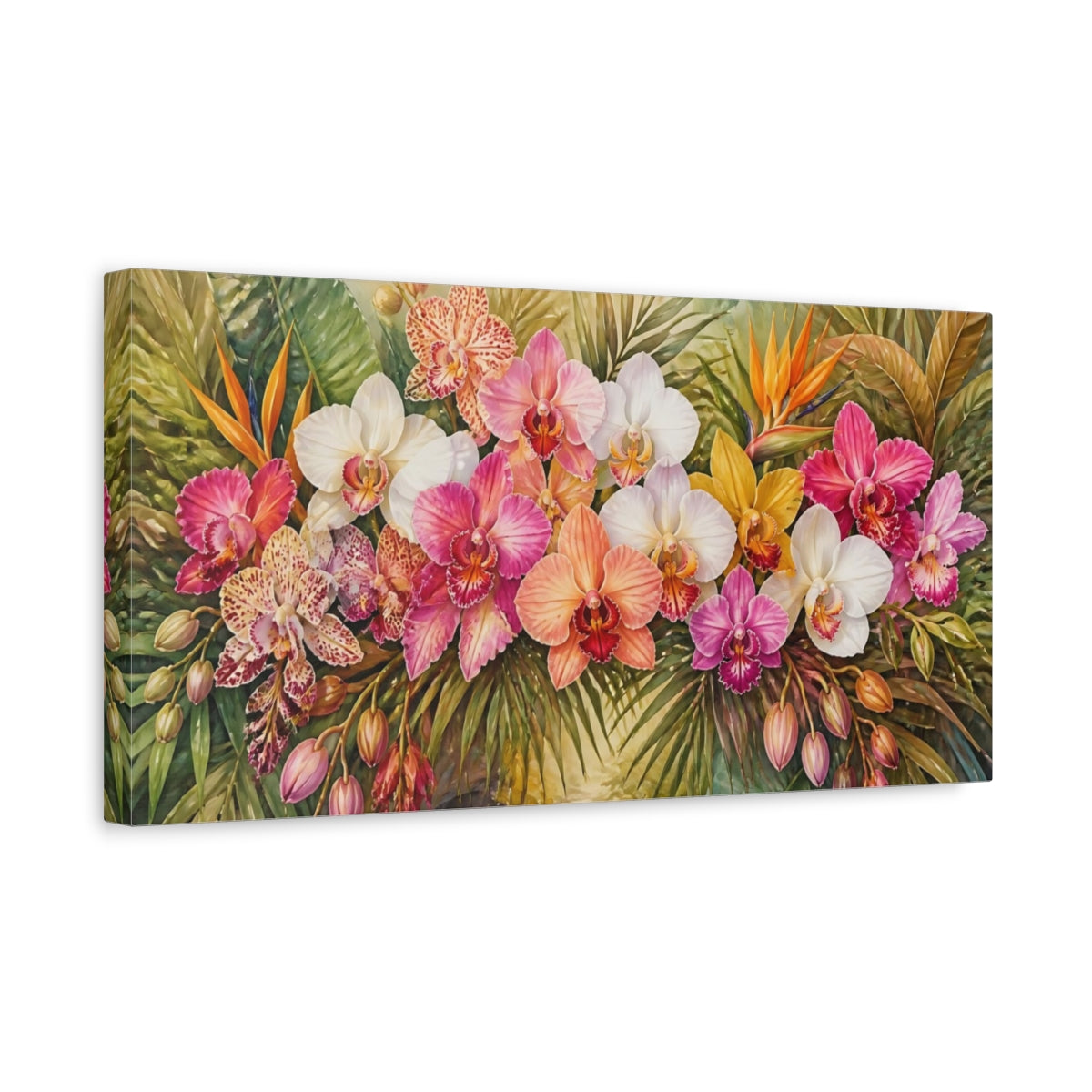 Side Mockup 3. Lush Tropical Orchids shown as canvas print
