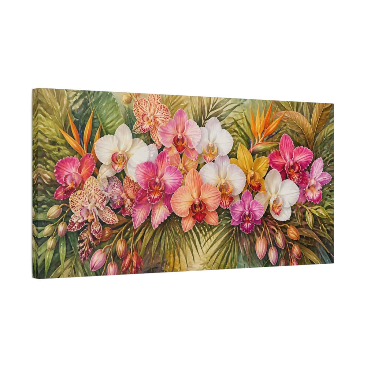 Side Mockup 1. Lush Tropical Orchids shown as canvas print