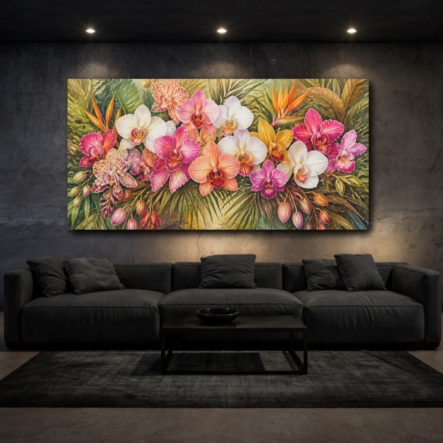 Mockup 3. Lush Tropical Orchids shown as canvas print