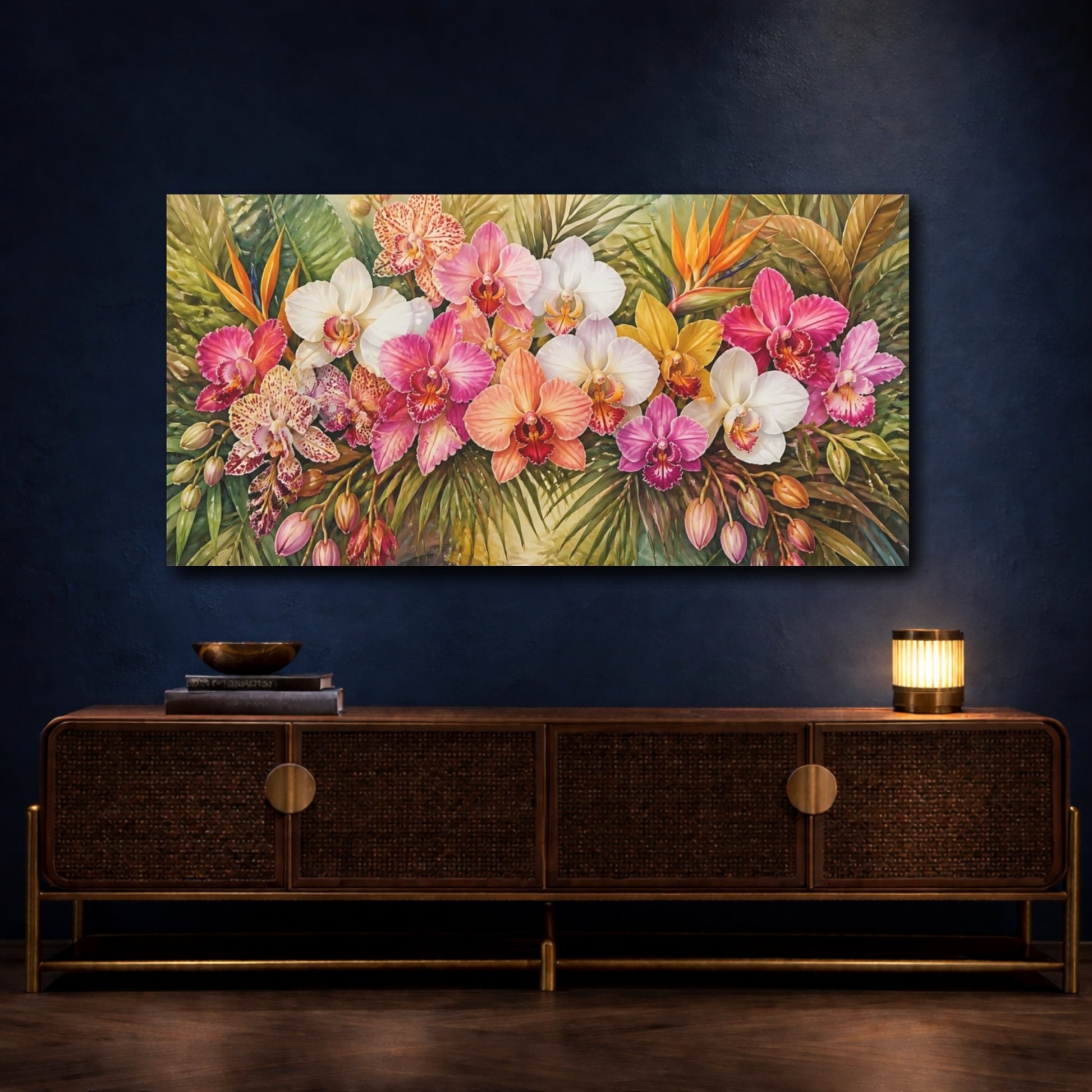 Mockup 4. Lush Tropical Orchids shown as canvas print