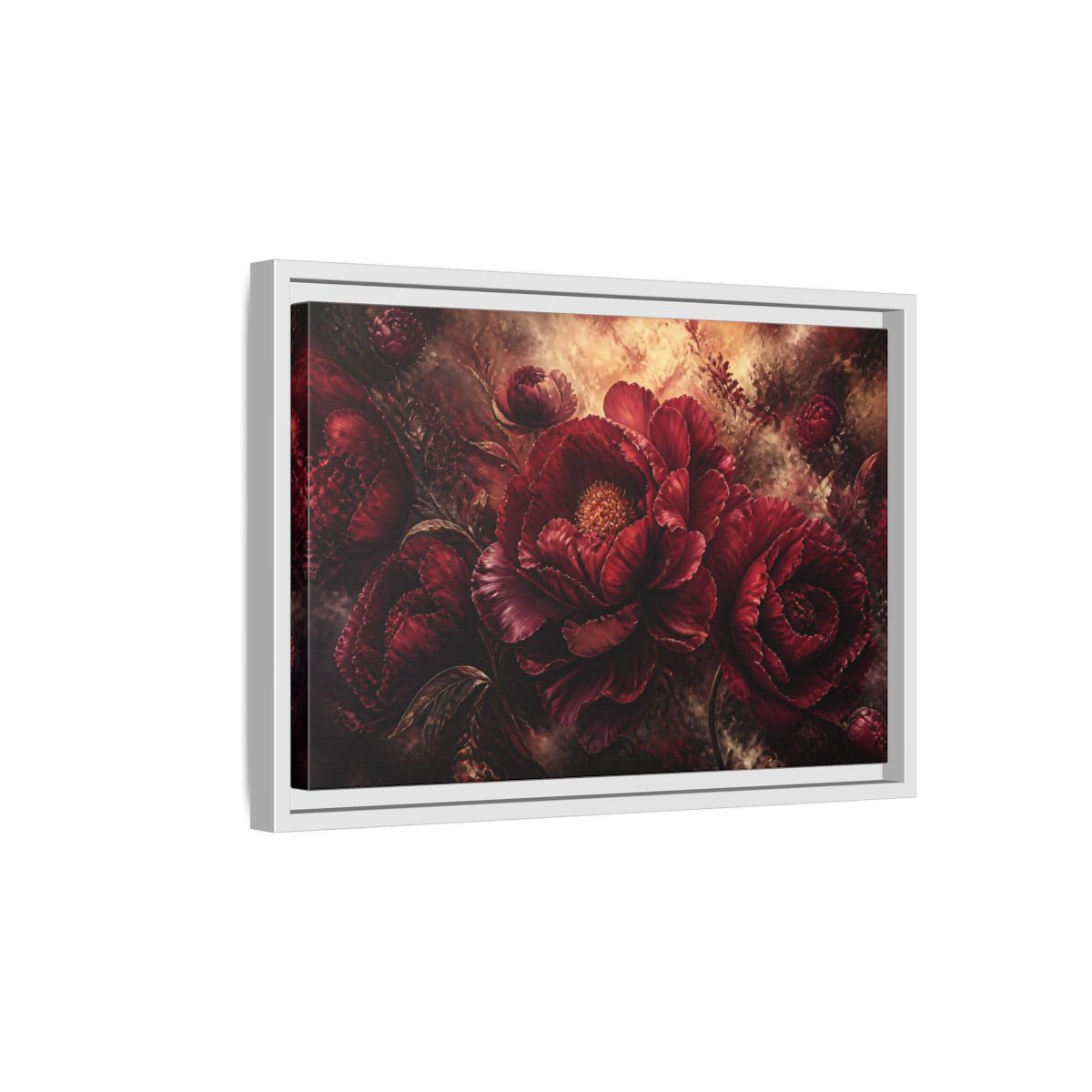 Side Mockup 4. Luxurious Burgundy Peonies shown as framed canvas print