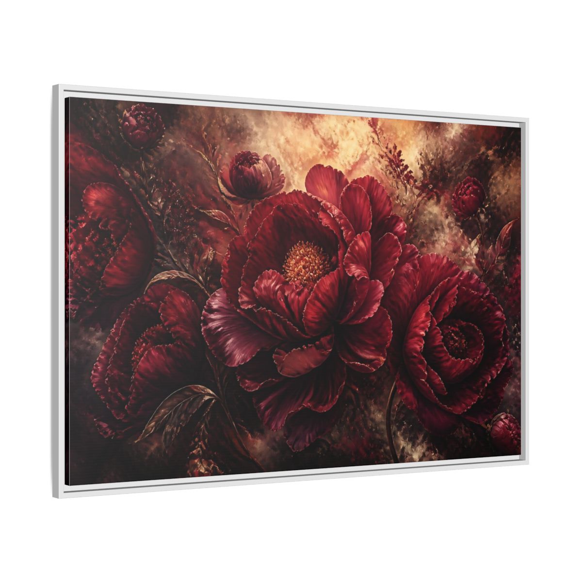 Side Mockup 7. Luxurious Burgundy Peonies shown as framed canvas print