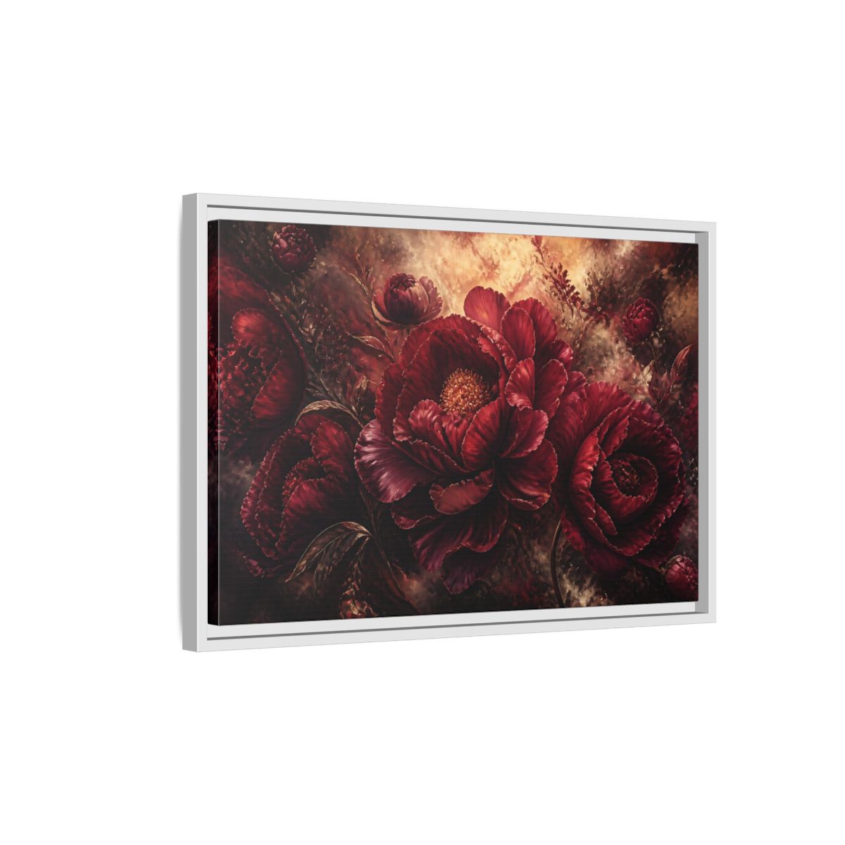 Side Mockup 1. Luxurious Burgundy Peonies shown as framed canvas print