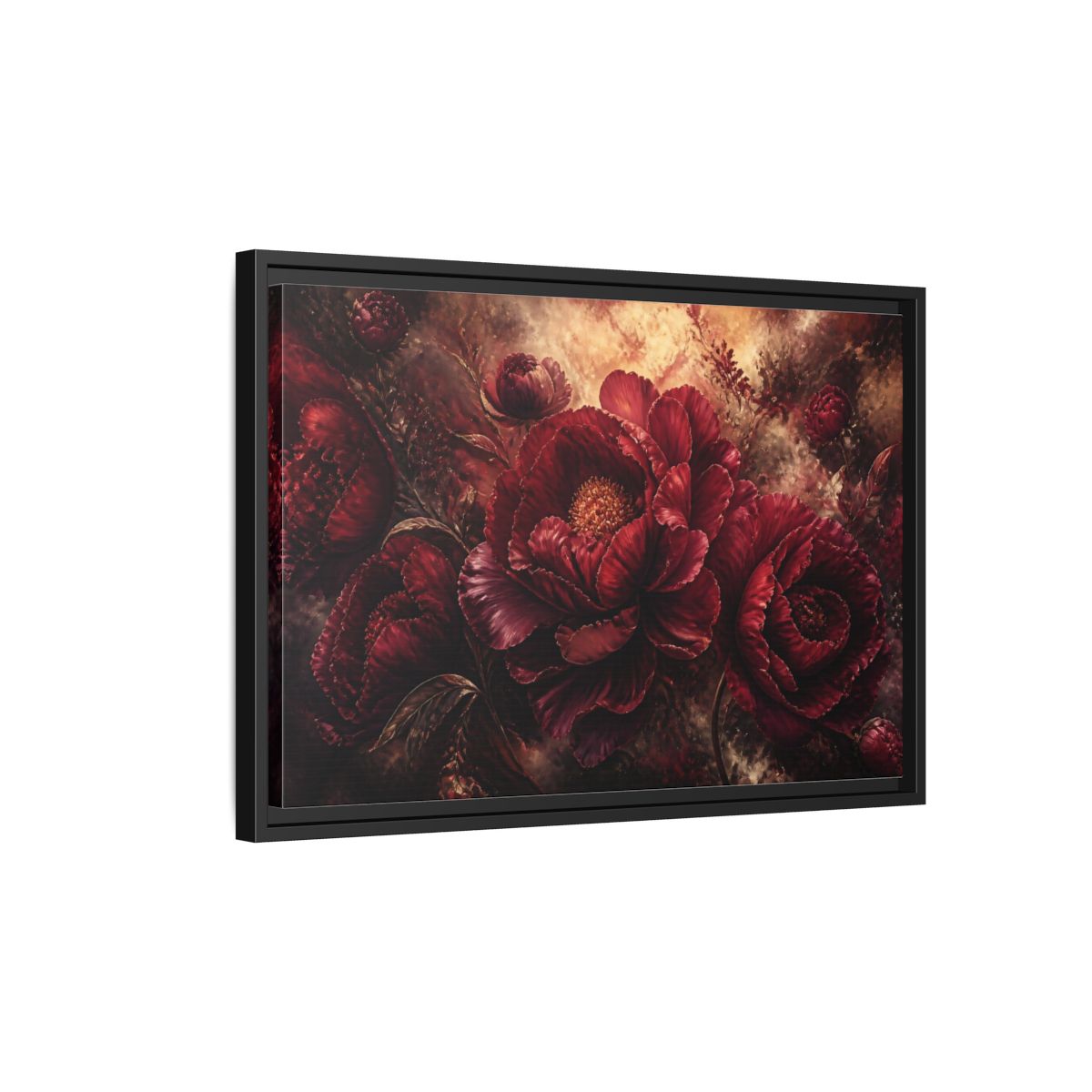 Side Mockup 3. Luxurious Burgundy Peonies shown as framed canvas print