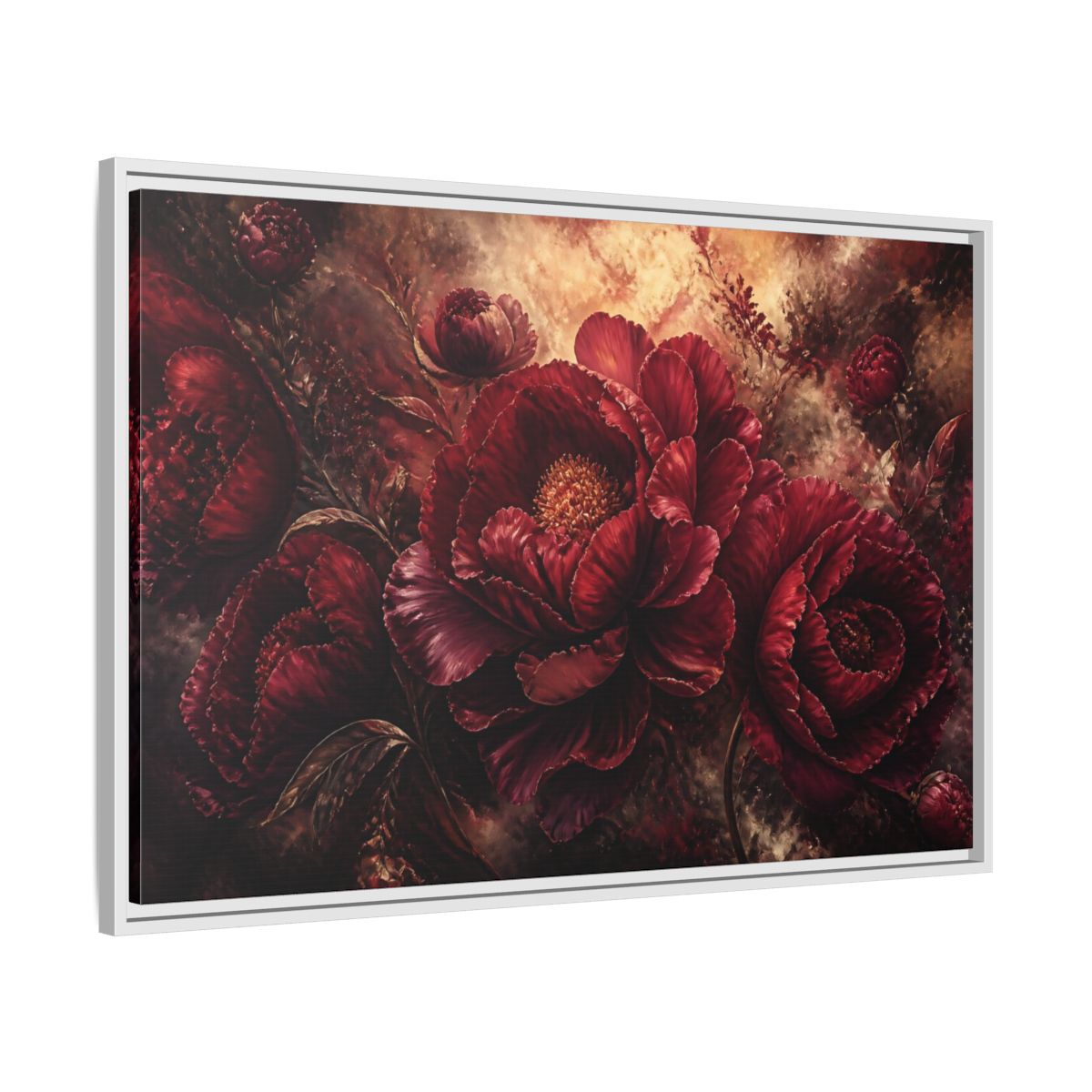 Side Mockup 9. Luxurious Burgundy Peonies shown as framed canvas print