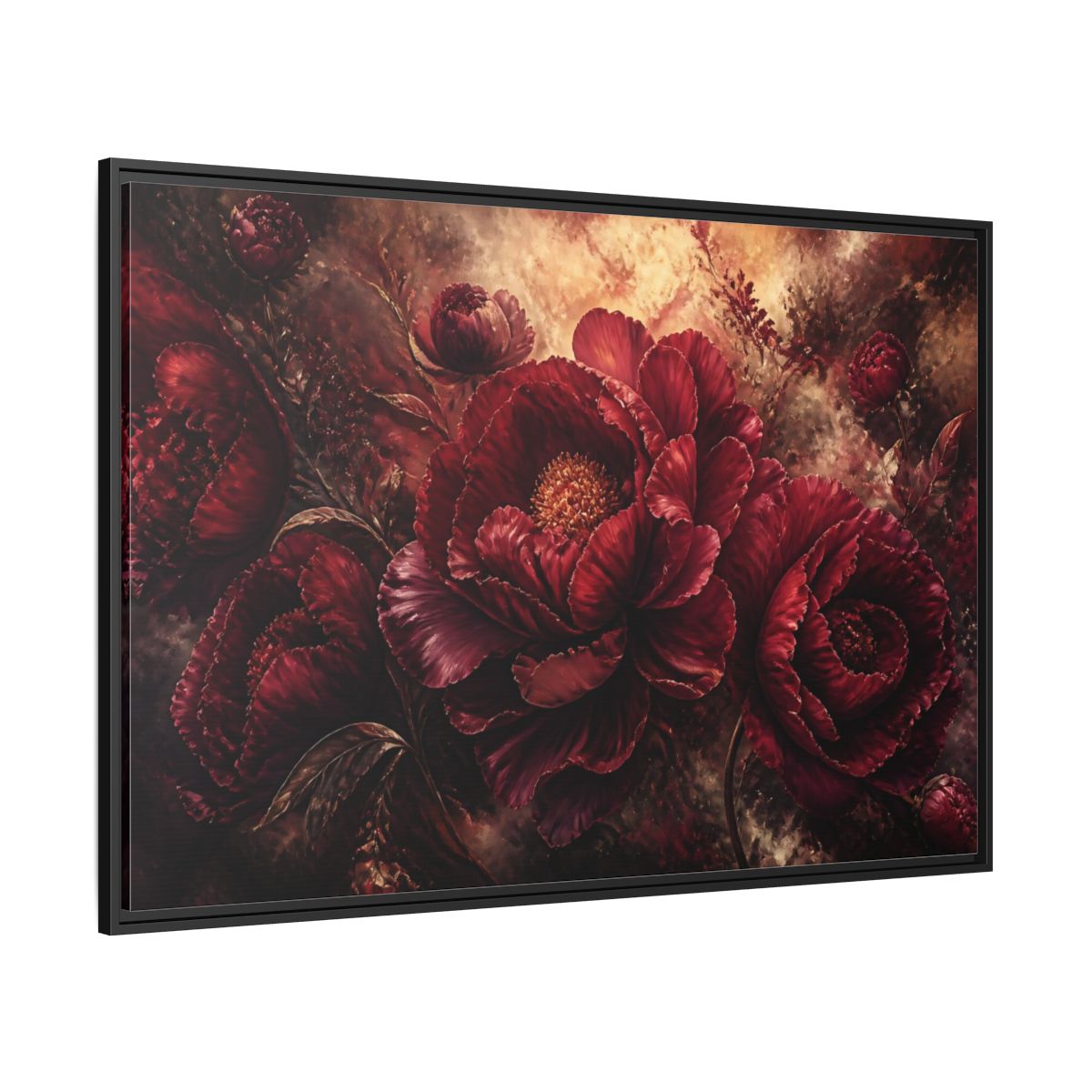 Side Mockup 12. Luxurious Burgundy Peonies shown as framed canvas print