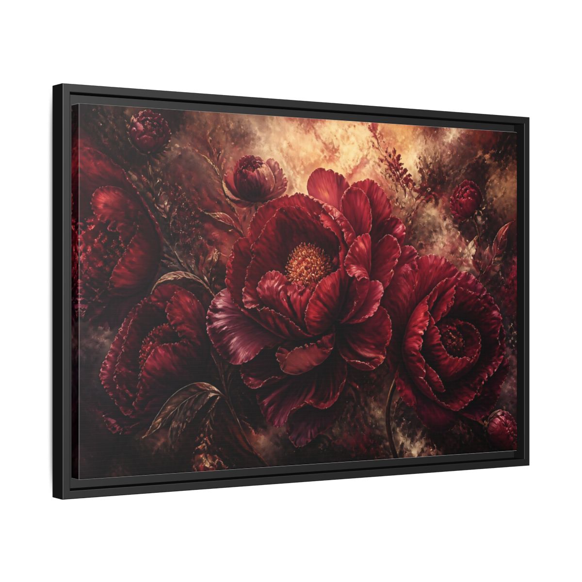 Side Mockup 14. Luxurious Burgundy Peonies shown as framed canvas print