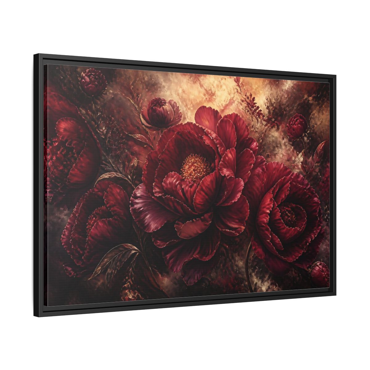 Side Mockup 13. Luxurious Burgundy Peonies shown as framed canvas print