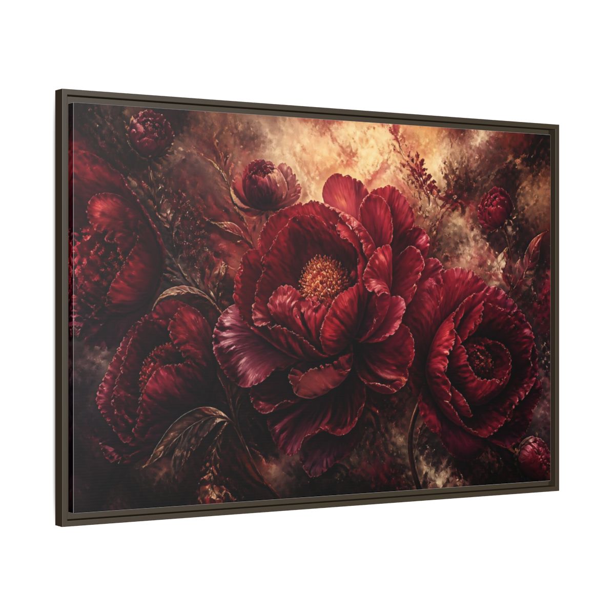 Side Mockup 8. Luxurious Burgundy Peonies shown as framed canvas print