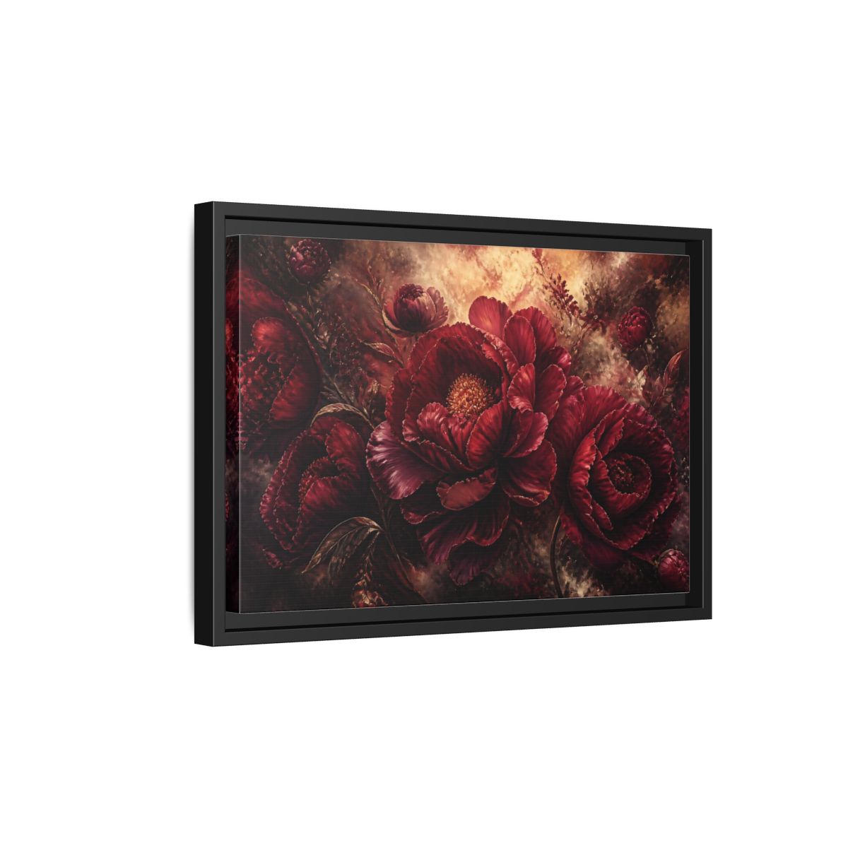 Side Mockup 6. Luxurious Burgundy Peonies shown as framed canvas print
