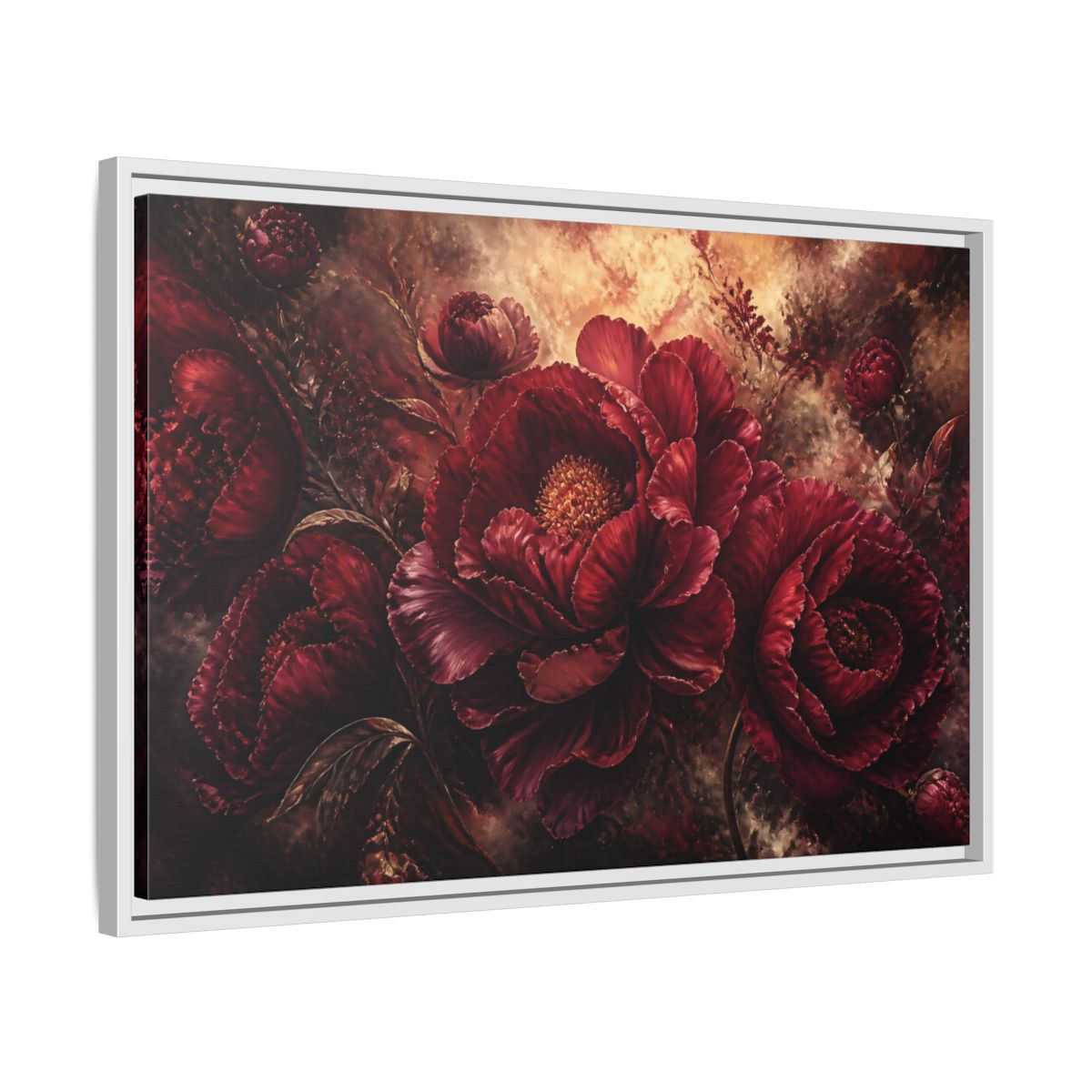 Side Mockup 10. Luxurious Burgundy Peonies shown as framed canvas print