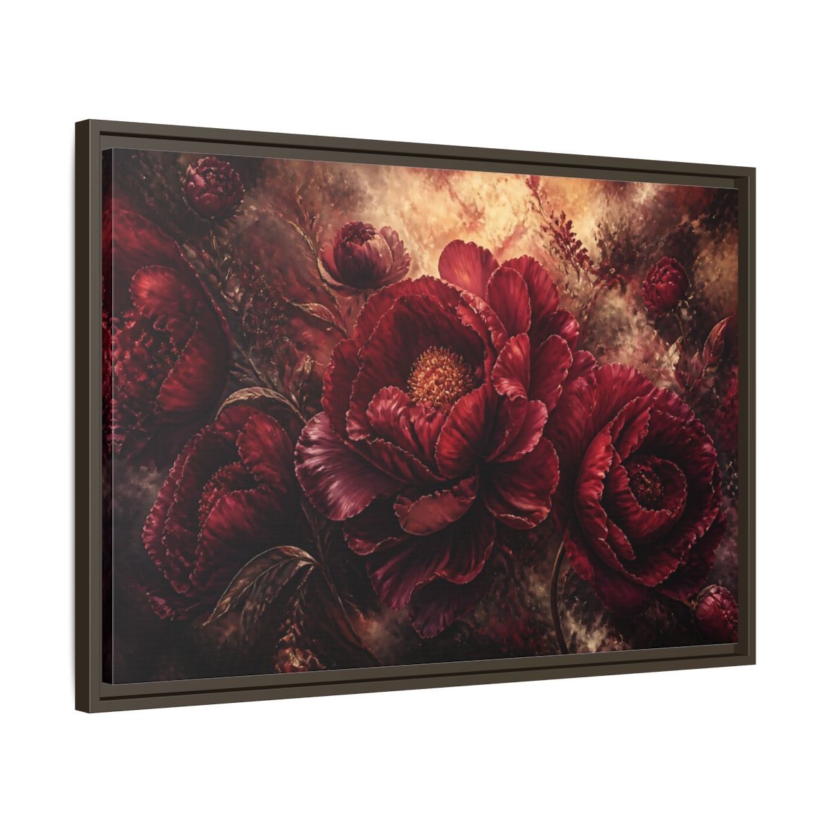 Side Mockup 11. Luxurious Burgundy Peonies shown as framed canvas print