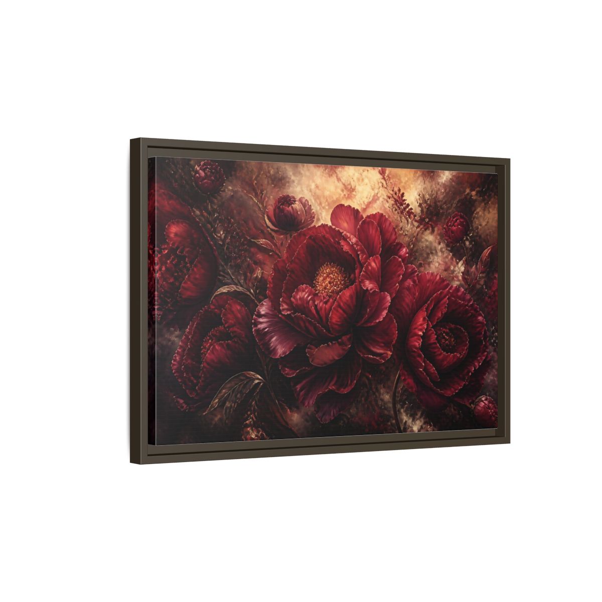 Side Mockup 2. Luxurious Burgundy Peonies shown as framed canvas print