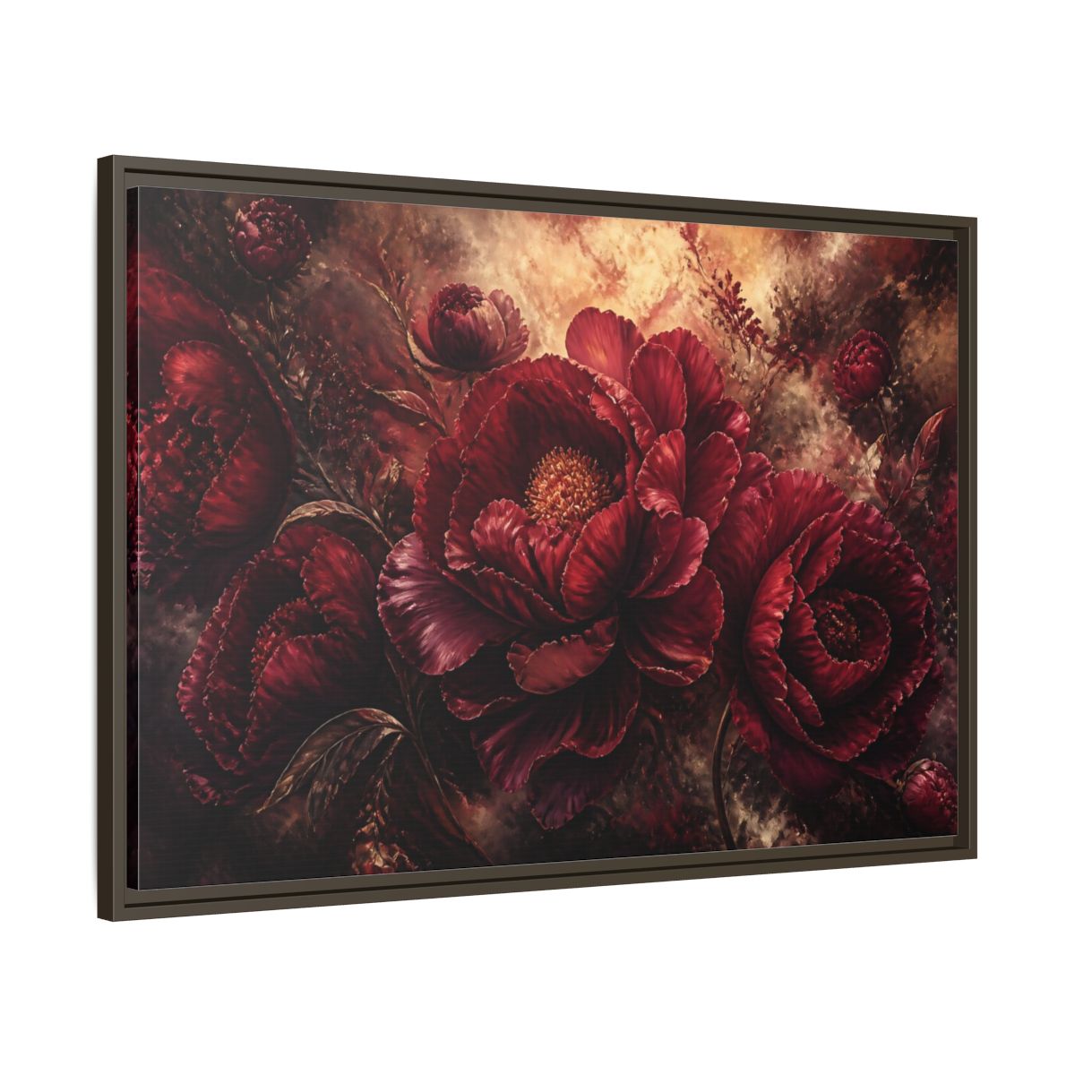 Main Mockup. Luxurious Burgundy Peonies shown as framed canvas print