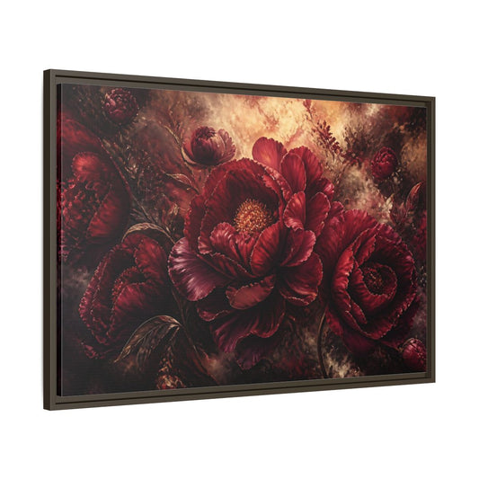Main Mockup. Luxurious Burgundy Peonies shown as framed canvas print