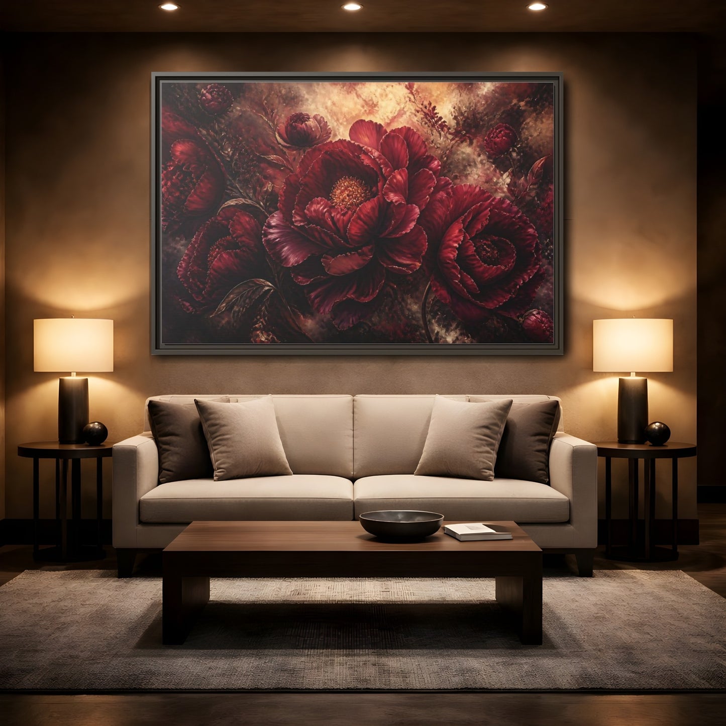Mockup 2. Luxurious Burgundy Peonies shown as framed canvas print