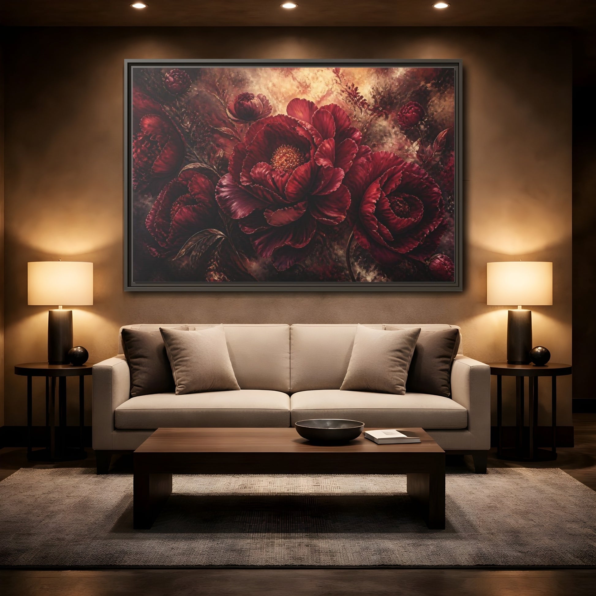 Mockup 2. Luxurious Burgundy Peonies shown as framed canvas print