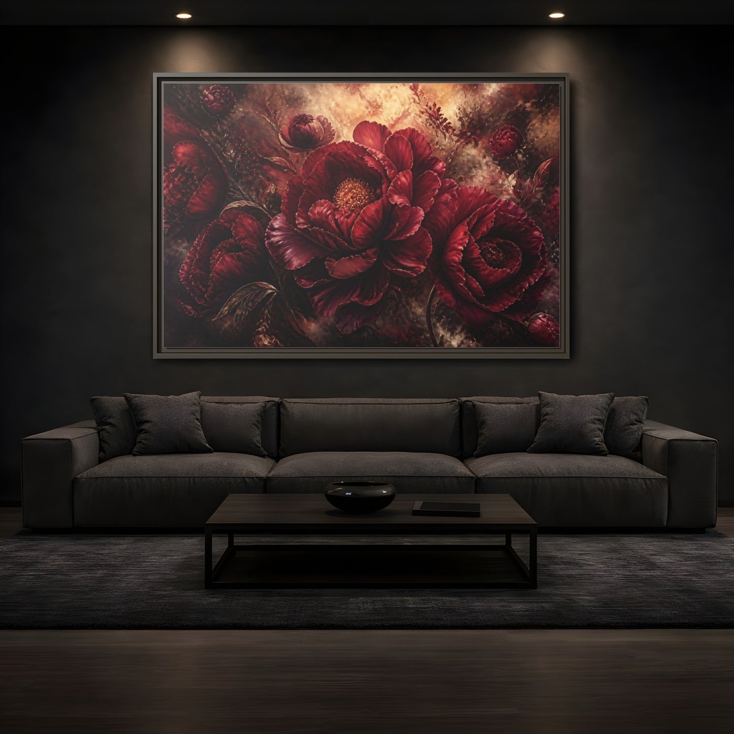 Mockup 3. Luxurious Burgundy Peonies shown as framed canvas print