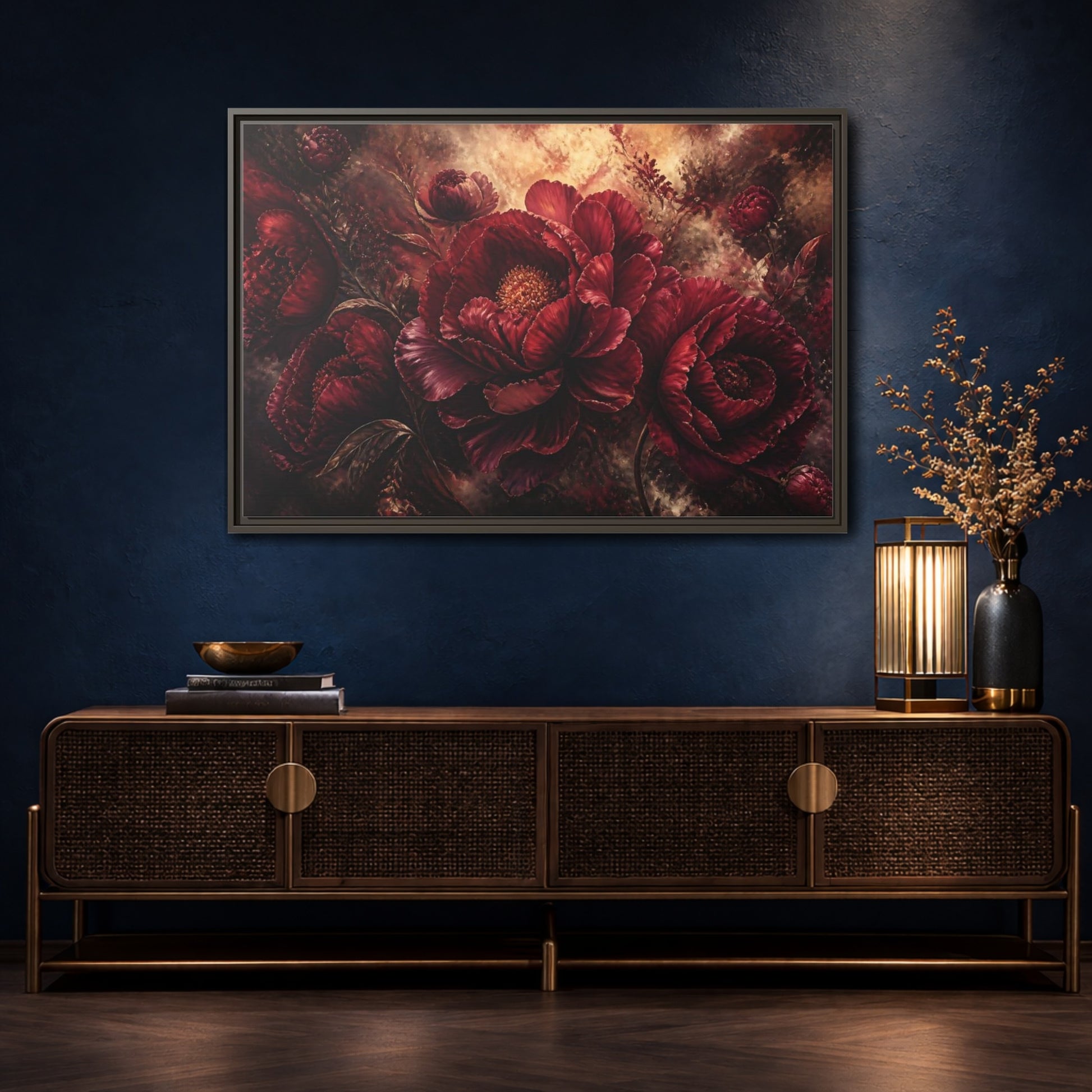 Mockup 4. Luxurious Burgundy Peonies shown as framed canvas print