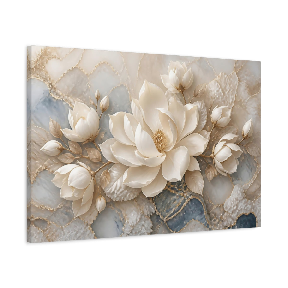 Side Mockup 2. Luxurious Cream Magnolia shown as canvas print