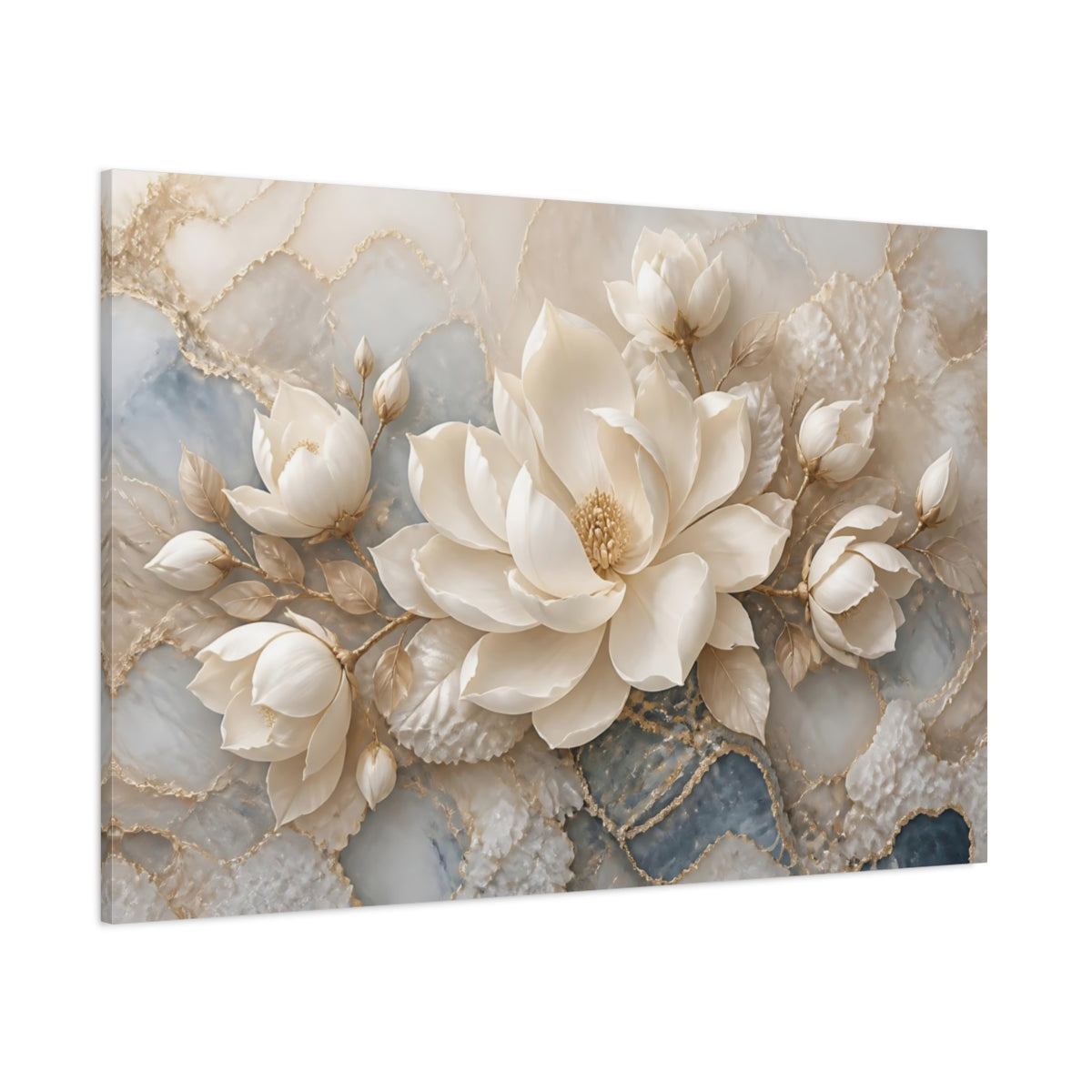 Side Mockup 1. Luxurious Cream Magnolia shown as canvas print