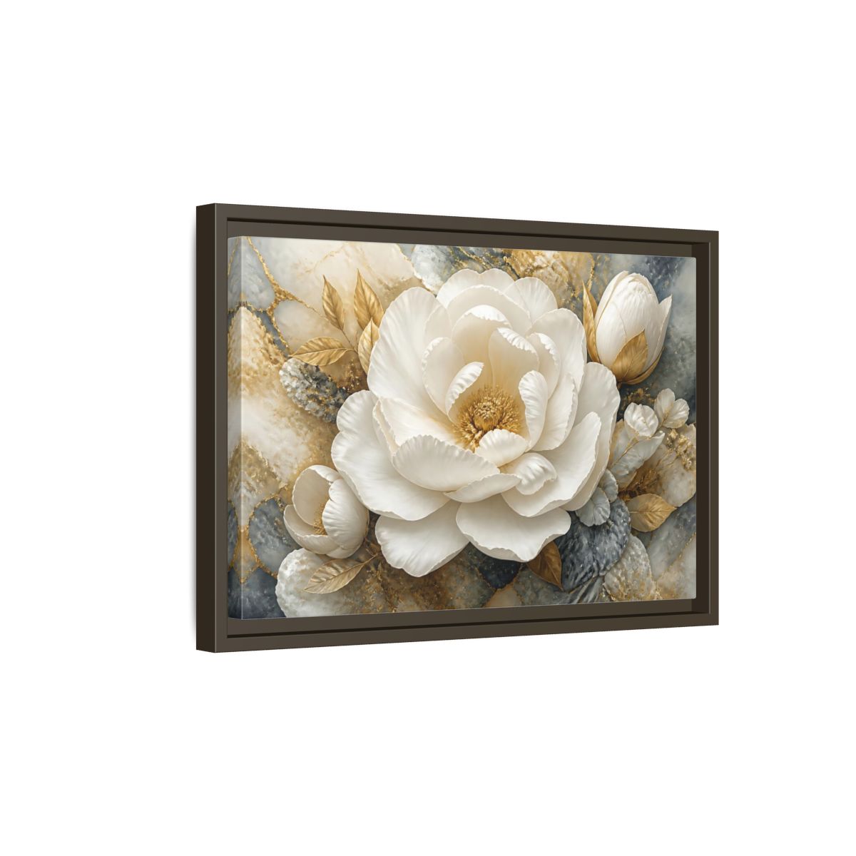 Side Mockup 5. Luxury White Peony Bloom shown as framed canvas print