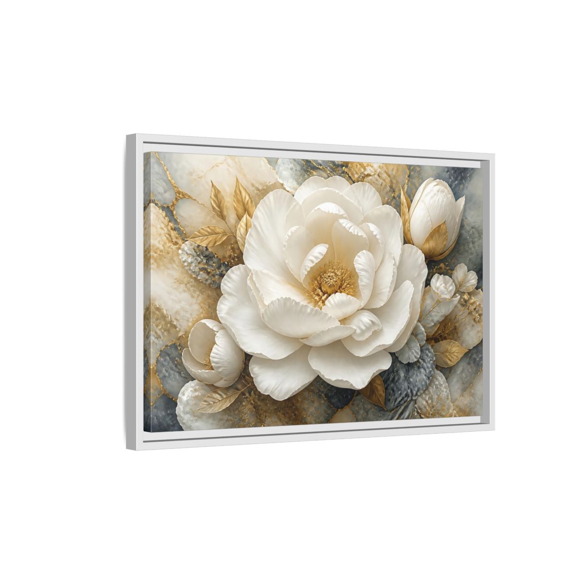 Side Mockup 1. Luxury White Peony Bloom shown as framed canvas print