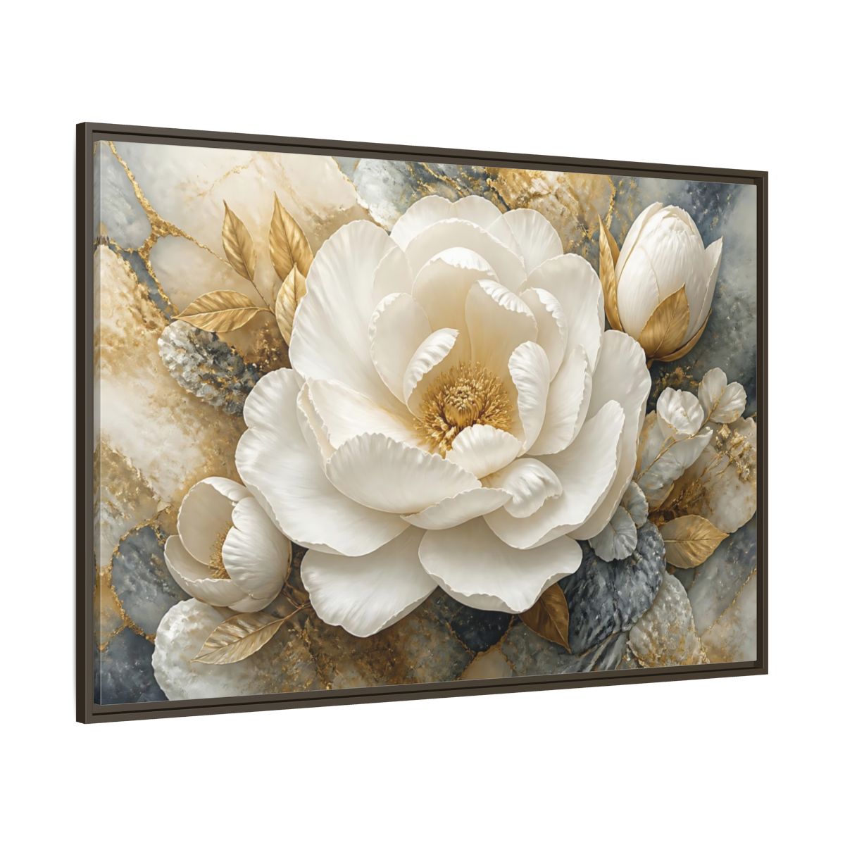 Side Mockup 8. Luxury White Peony Bloom shown as framed canvas print