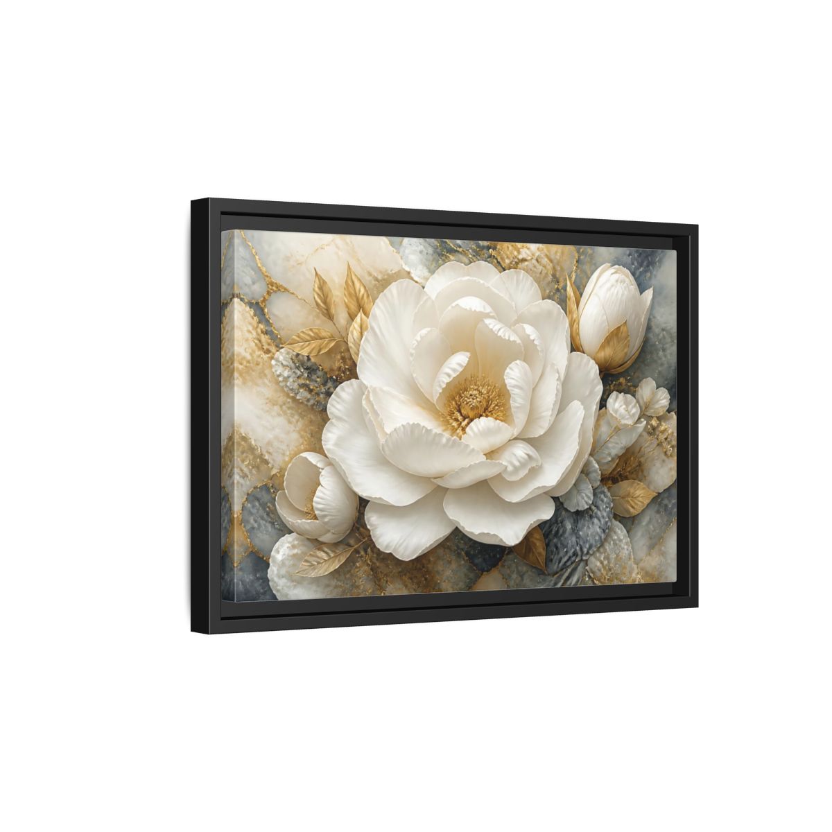 Side Mockup 6. Luxury White Peony Bloom shown as framed canvas print