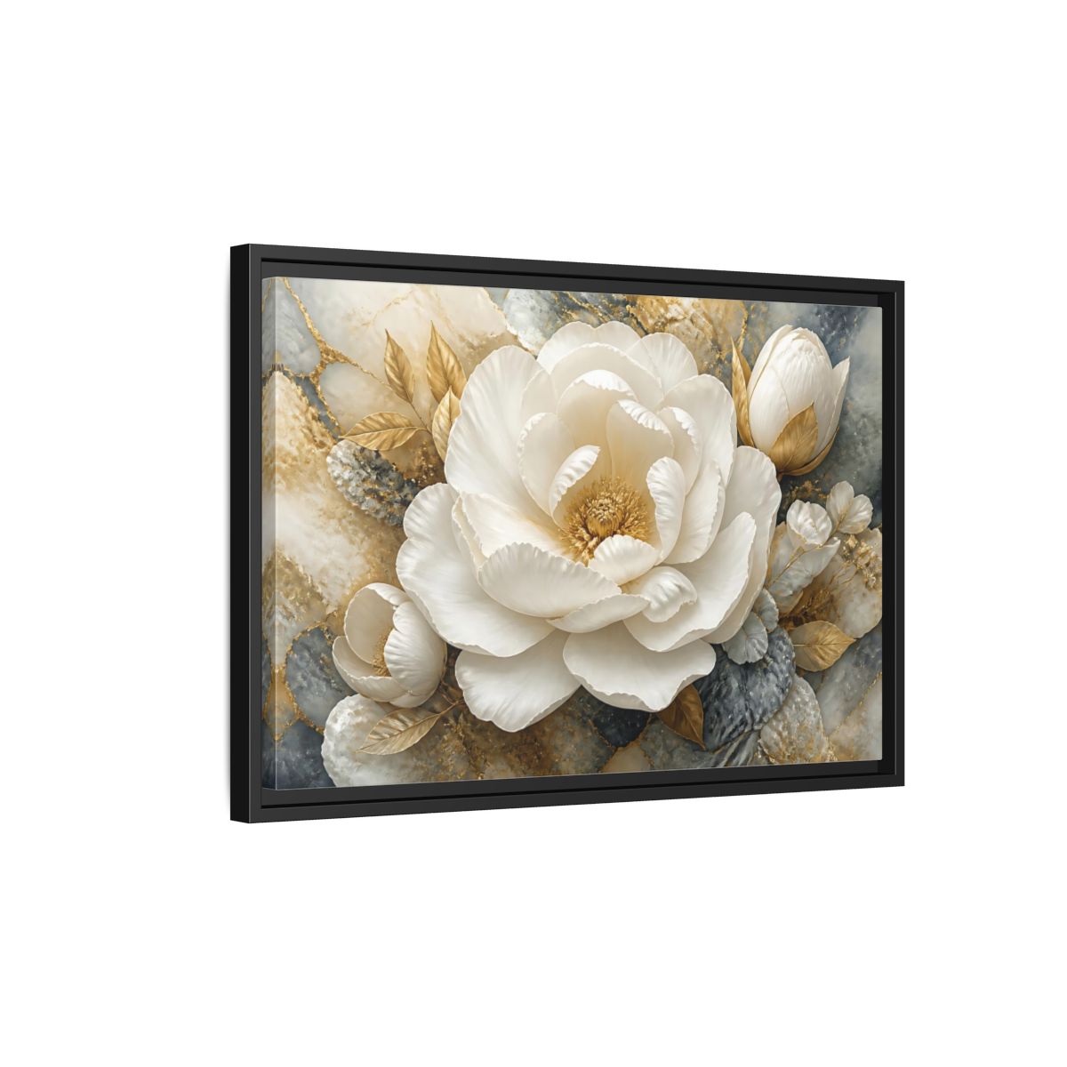 Side Mockup 3. Luxury White Peony Bloom shown as framed canvas print